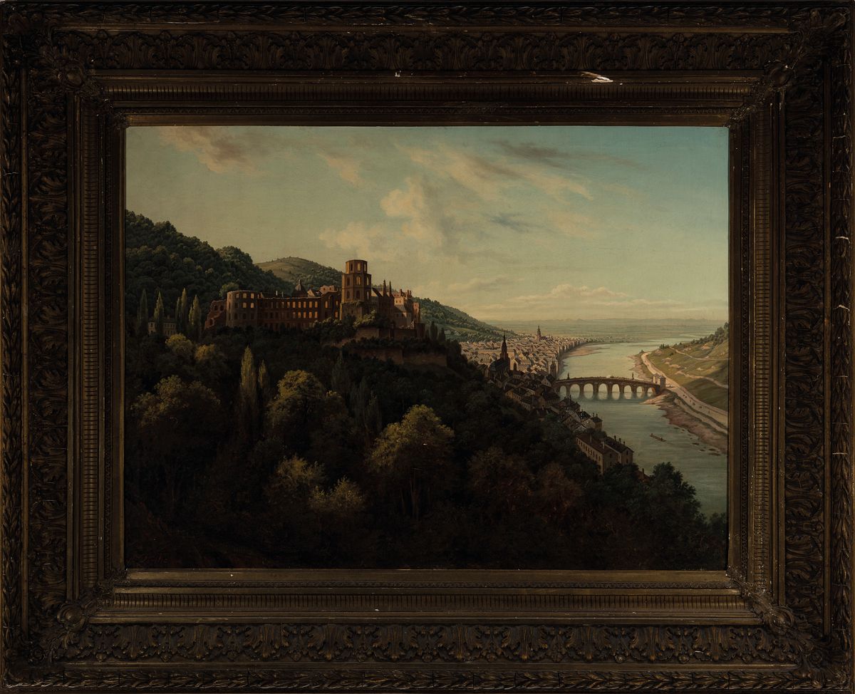 Detail k: Auguste Finke, Malerin des 19. Jh., Blick auf die Stadt und das Schloß Heidelberg, Öl/Lwd, links unten signiert, altersbedingt krakeliert, min. ...
