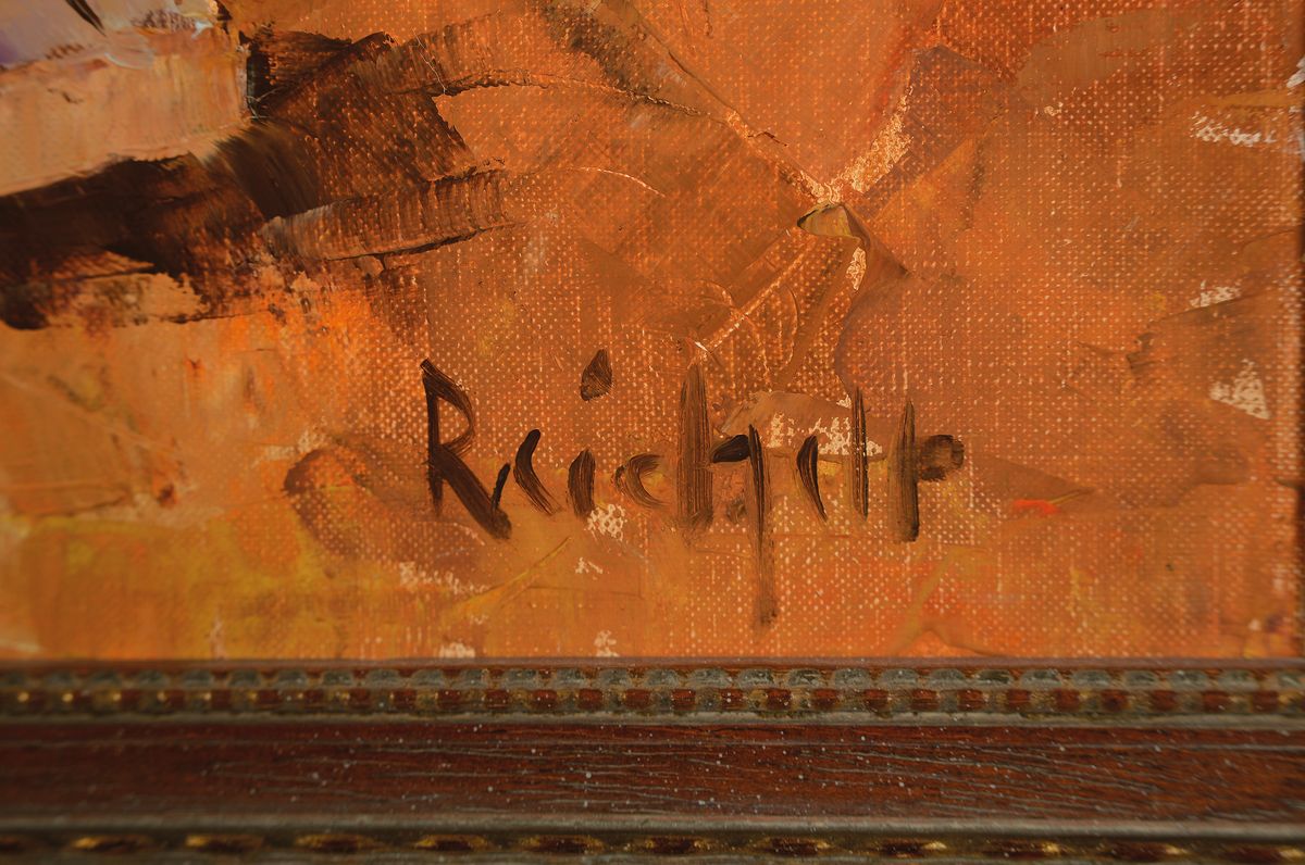 Detail a: Nadia E. Reichelt, 1912-2003, Großvater und Enkel in bäuerlicher Küche, Öl/Lwd, rechts unten signiert, ca. 80x70cm, R. ca. 93x83cm