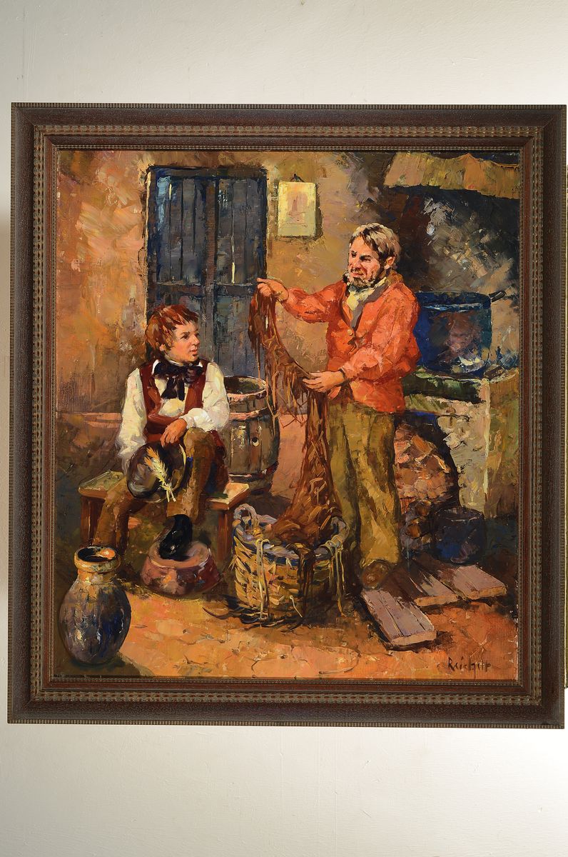 Detail k: Nadia E. Reichelt, 1912-2003, Großvater und Enkel in bäuerlicher Küche, Öl/Lwd, rechts unten signiert, ca. 80x70cm, R. ca. 93x83cm