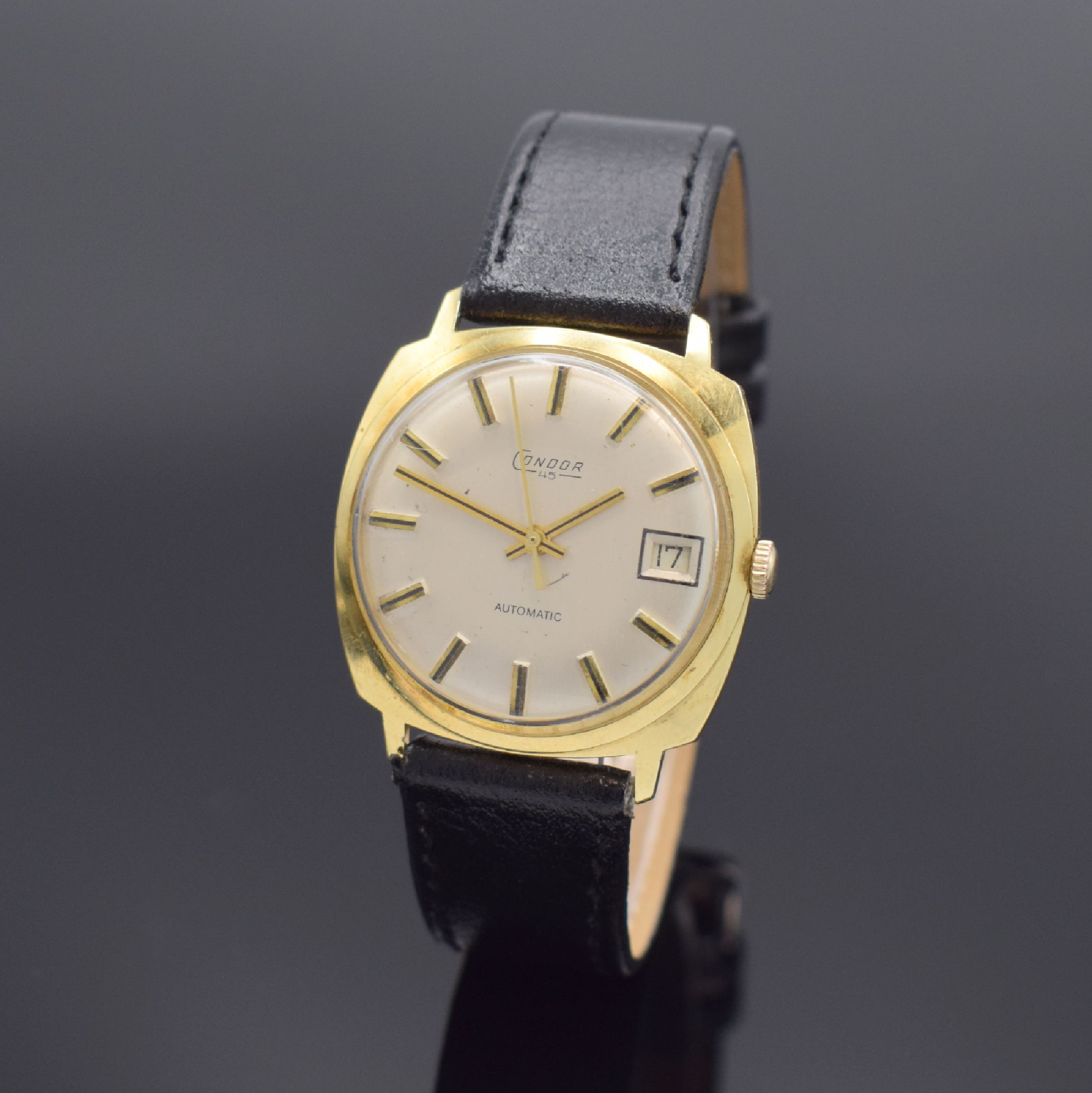 CONDOR Herrenarmbanduhr in GG 585/000, Schweiz um 1970, Automatik, Boden aufgedr., silb. Zifferbl. m. aufges. gold. Std.-Ind., gold. Zeiger, Datum b. ...