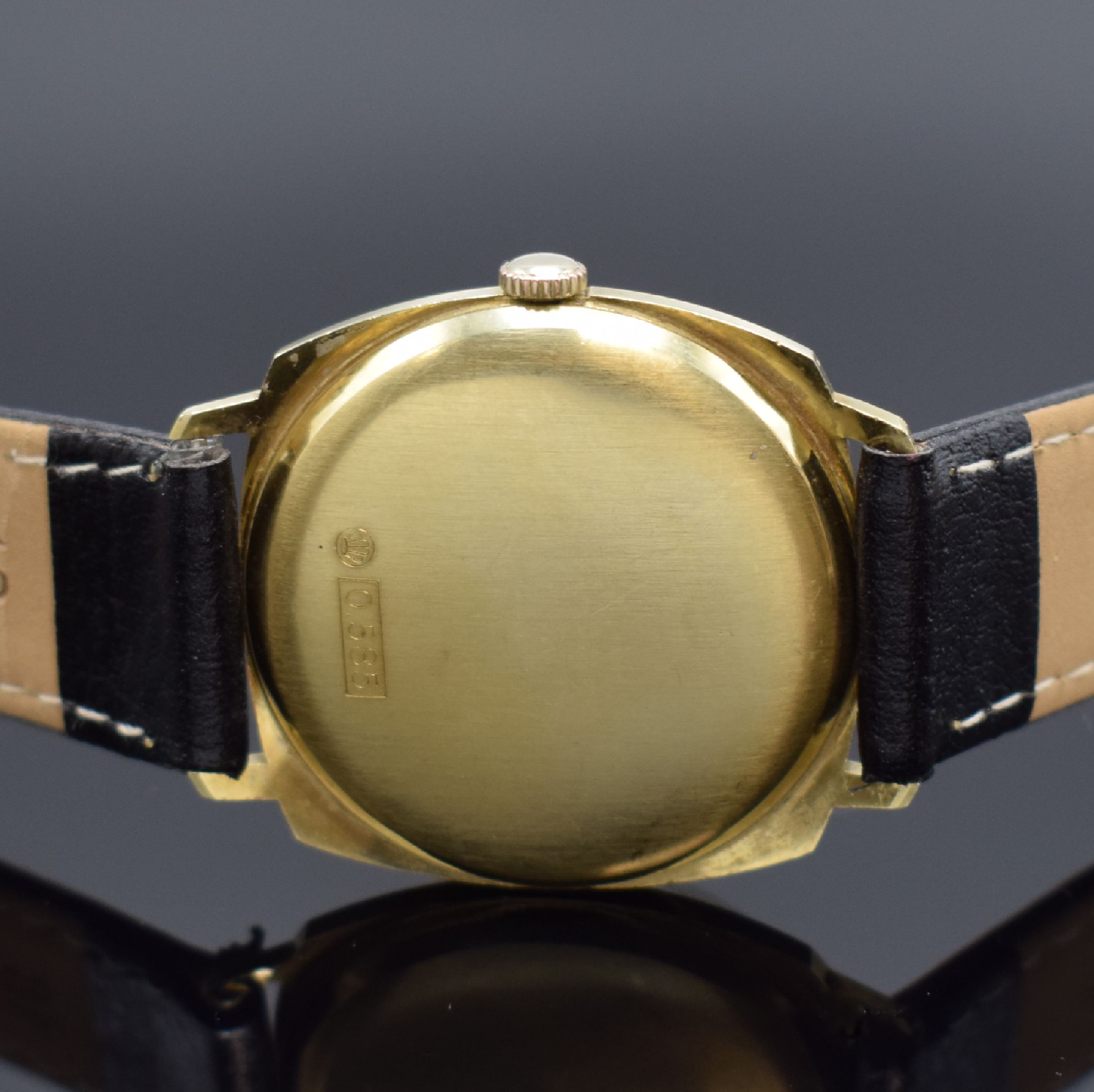 Detail d: CONDOR Herrenarmbanduhr in GG 585/000, Schweiz um 1970, Automatik, Boden aufgedr., silb. Zifferbl. m. aufges. gold. Std.-Ind., gold. Zeiger, Datum b. ...