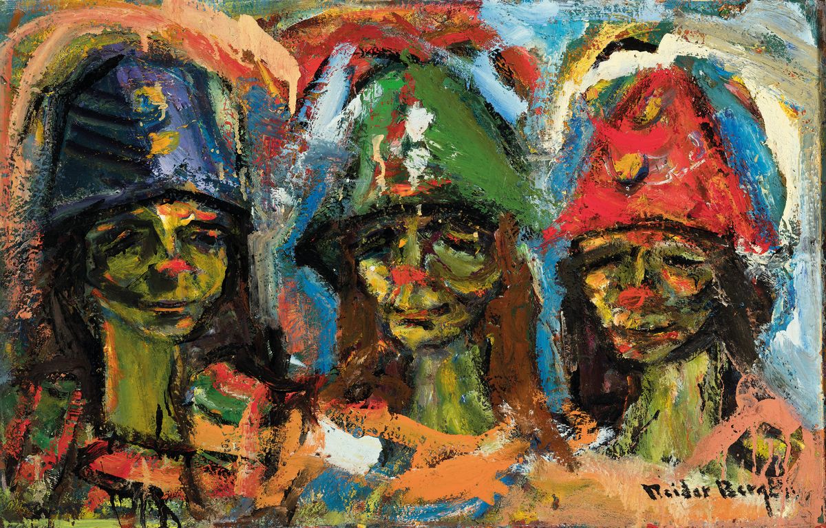 Berge Reidar, 1922-2006, norwegischer Künstler, hier: Drei Clowns, Öl auf Malplatte, pastoser Farbauftrag, re. unten signiert, ca. 58,5x90 cm, R. ...