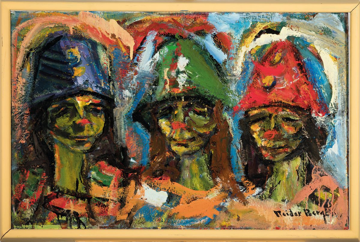 Detail k: Berge Reidar, 1922-2006, norwegischer Künstler, hier: Drei Clowns, Öl auf Malplatte, pastoser Farbauftrag, re. unten signiert, ca. 58,5x90 cm, R. ...