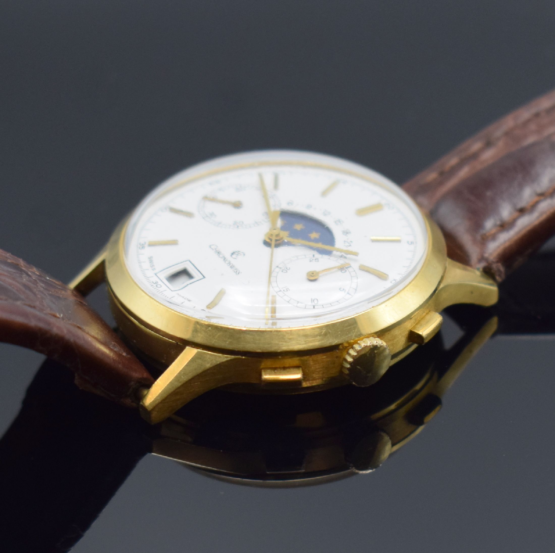 Detail b: CHRONOSWISS Herrenarmbanduhr mit Chronograph, Mondphase und Datum in GG 750/000, Schweiz um 1980, Handaufzug, 3-teil. Geh. dell., Boden und Glasrand ...