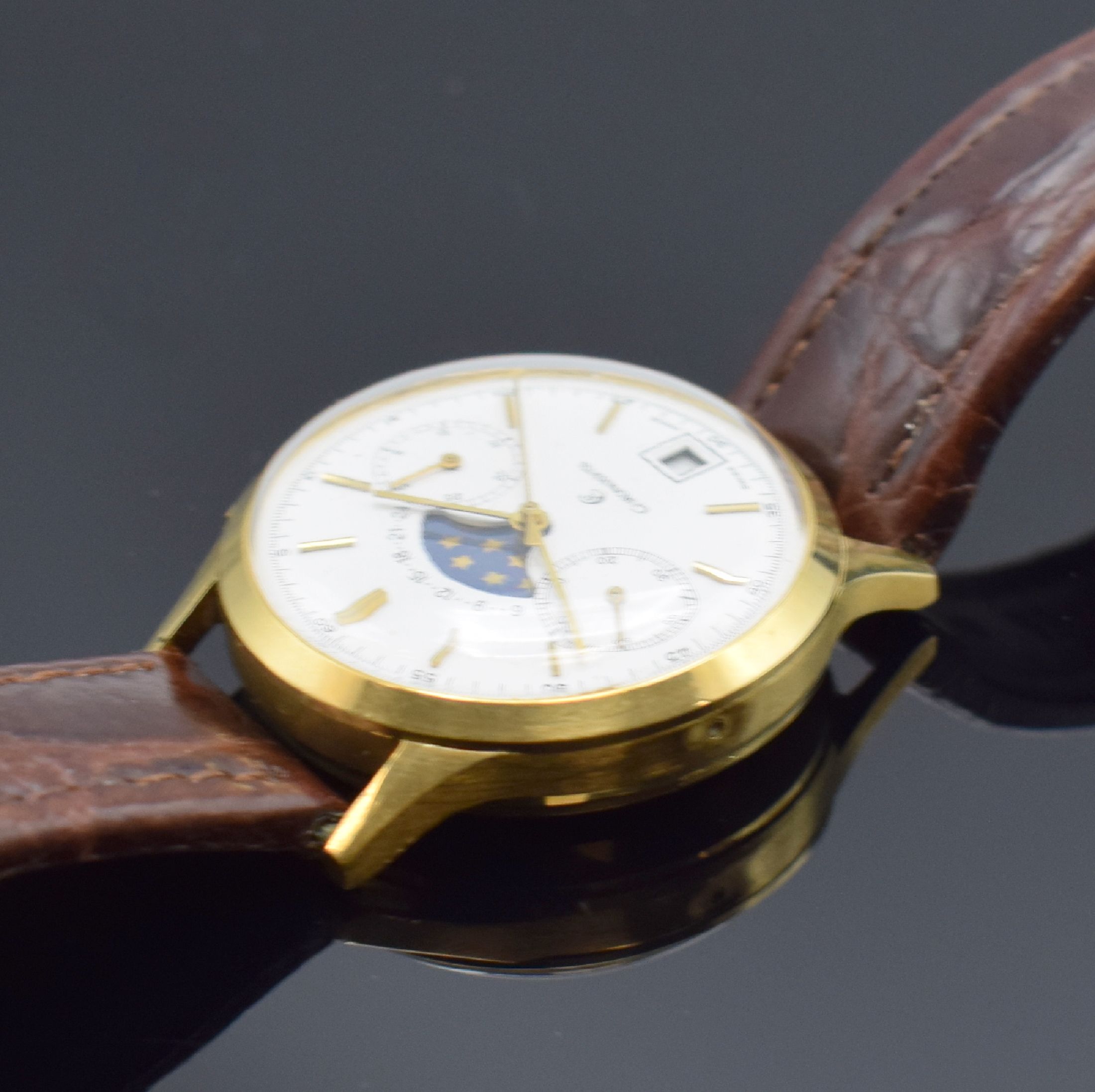 Detail c: CHRONOSWISS Herrenarmbanduhr mit Chronograph, Mondphase und Datum in GG 750/000, Schweiz um 1980, Handaufzug, 3-teil. Geh. dell., Boden und Glasrand ...