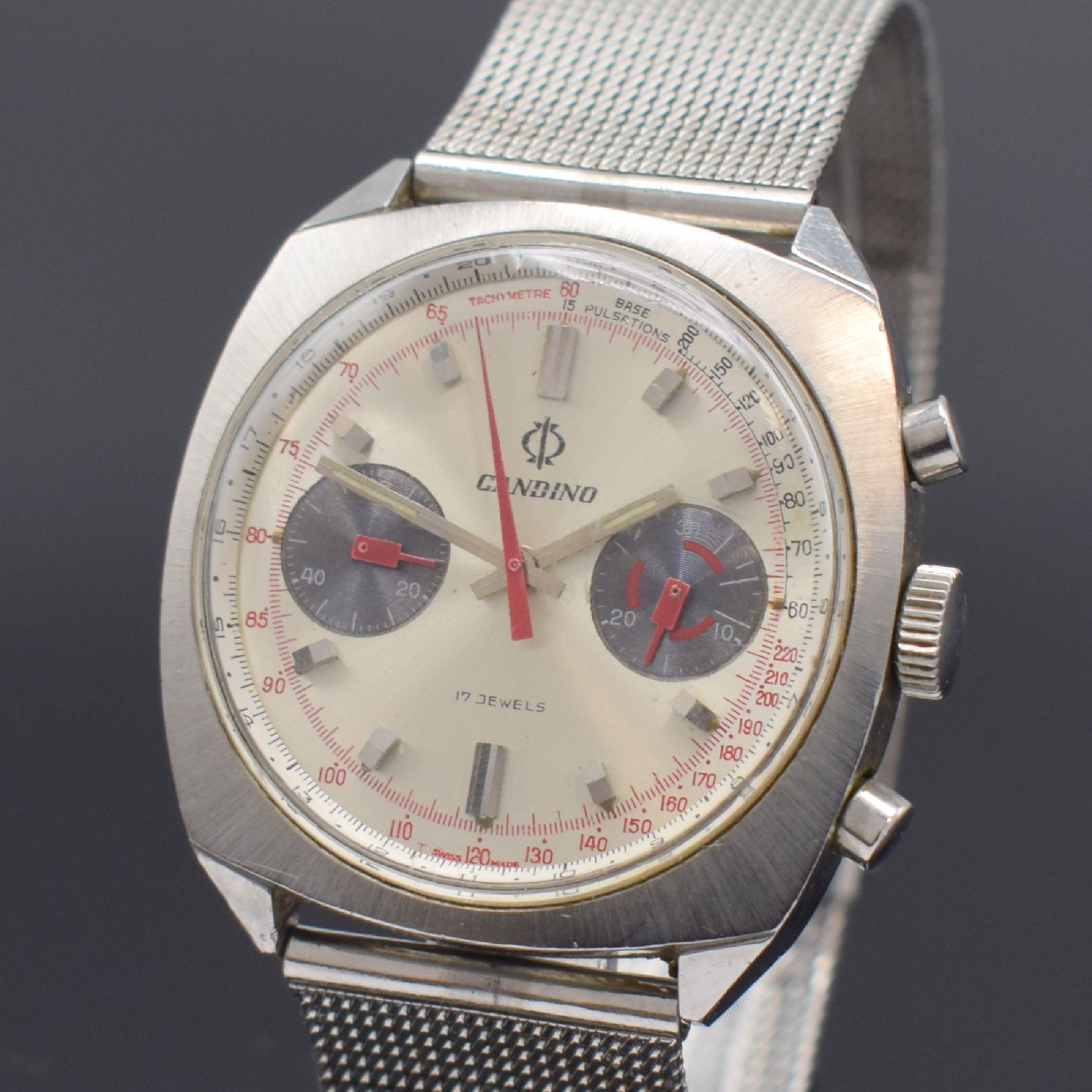 Detail a: CANDINO Herrenarmbanduhr mit Chronograph, Schweiz um 1965, Handaufzug, Edelstahlgeh. inkl. neutr. Stahlband, Boden verschr., silb. Zifferbl. m. ...
