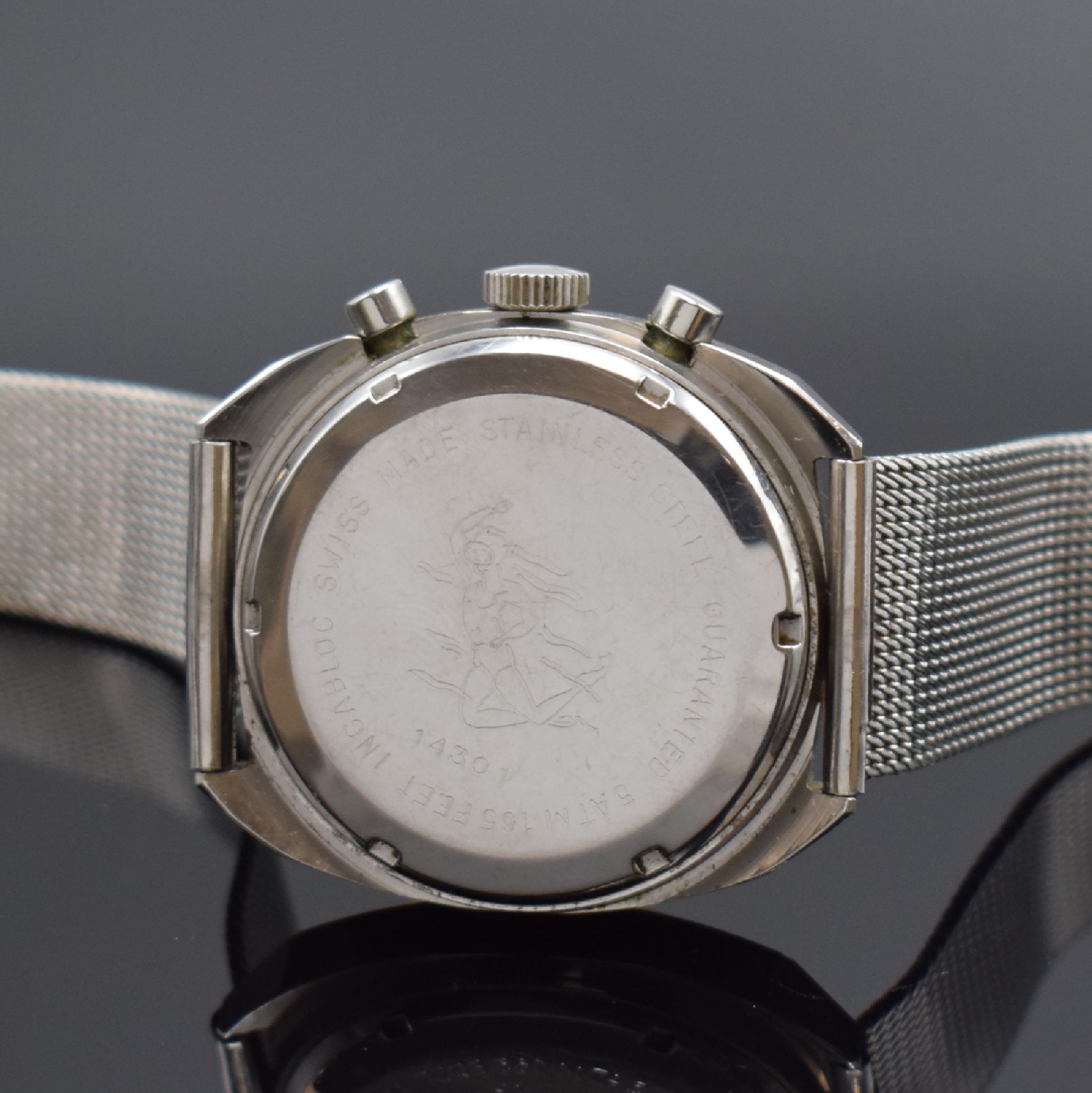 Detail c: CANDINO Herrenarmbanduhr mit Chronograph, Schweiz um 1965, Handaufzug, Edelstahlgeh. inkl. neutr. Stahlband, Boden verschr., silb. Zifferbl. m. ...