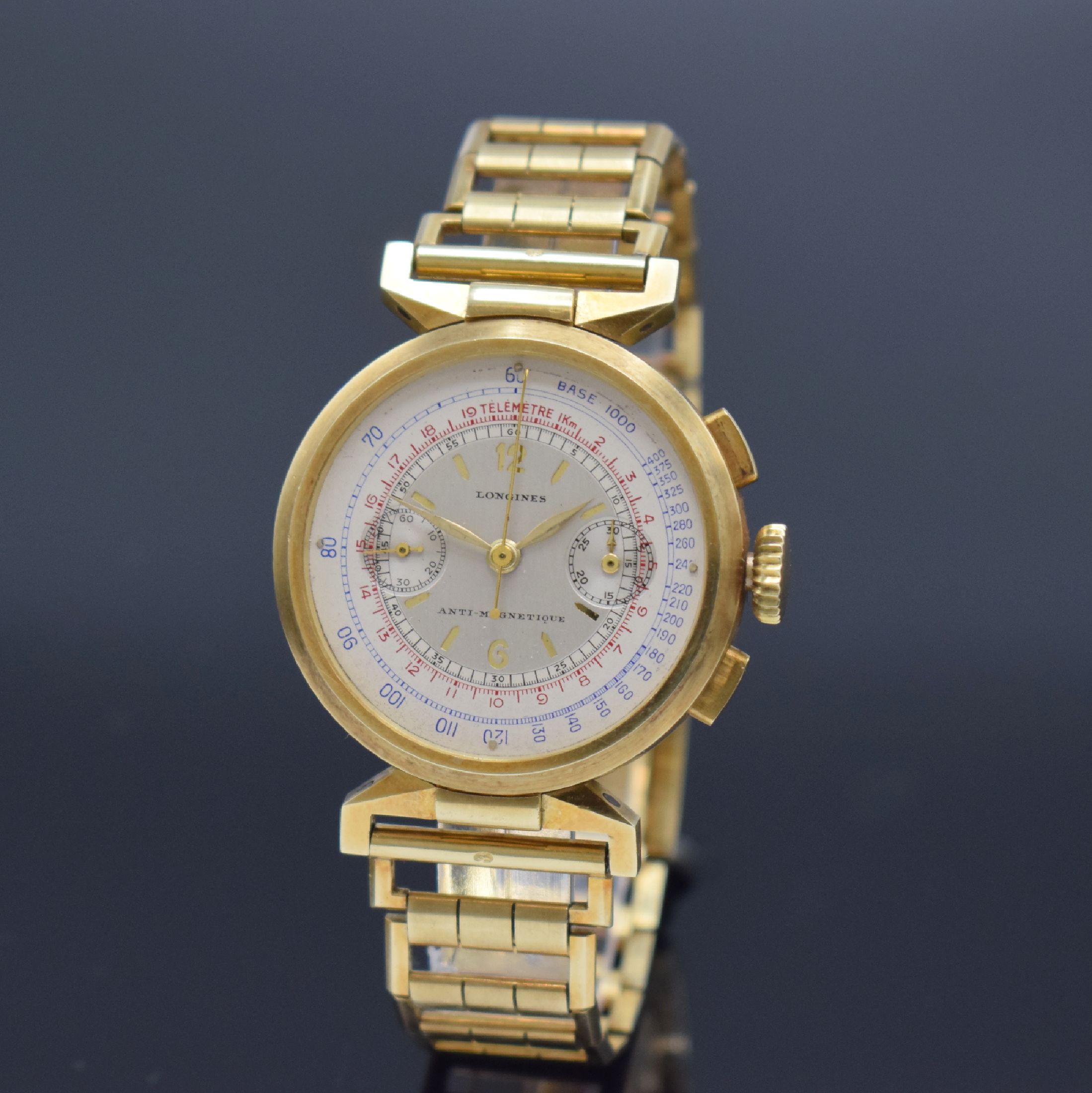LONGINES 13ZN extrem seltener Flyback- Chronograph in GG 585/000 am Goldband in nahezu neuwertigem Zustand, verkauft laut beil. Stammbuchauszug am ...
