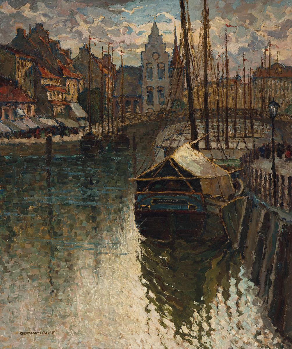 Gerhard Graf, 1883-1958 Berlin, Blick in einen Hafen, wohl Königsberg, Öl/Lwd, links unten signiert, mit dem Titel "Der Fischmarkt in ...