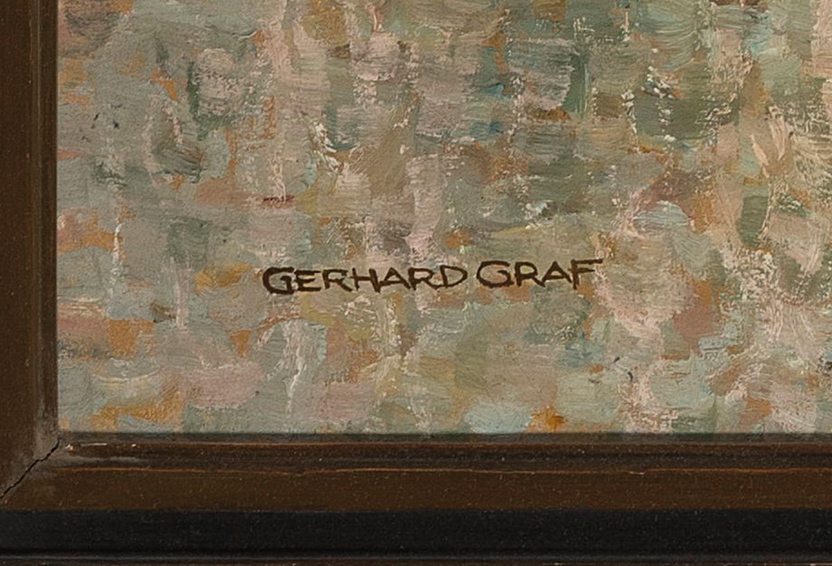 Detail a: Gerhard Graf, 1883-1958 Berlin, Blick in einen Hafen, wohl Königsberg, Öl/Lwd, links unten signiert, mit dem Titel "Der Fischmarkt in ...