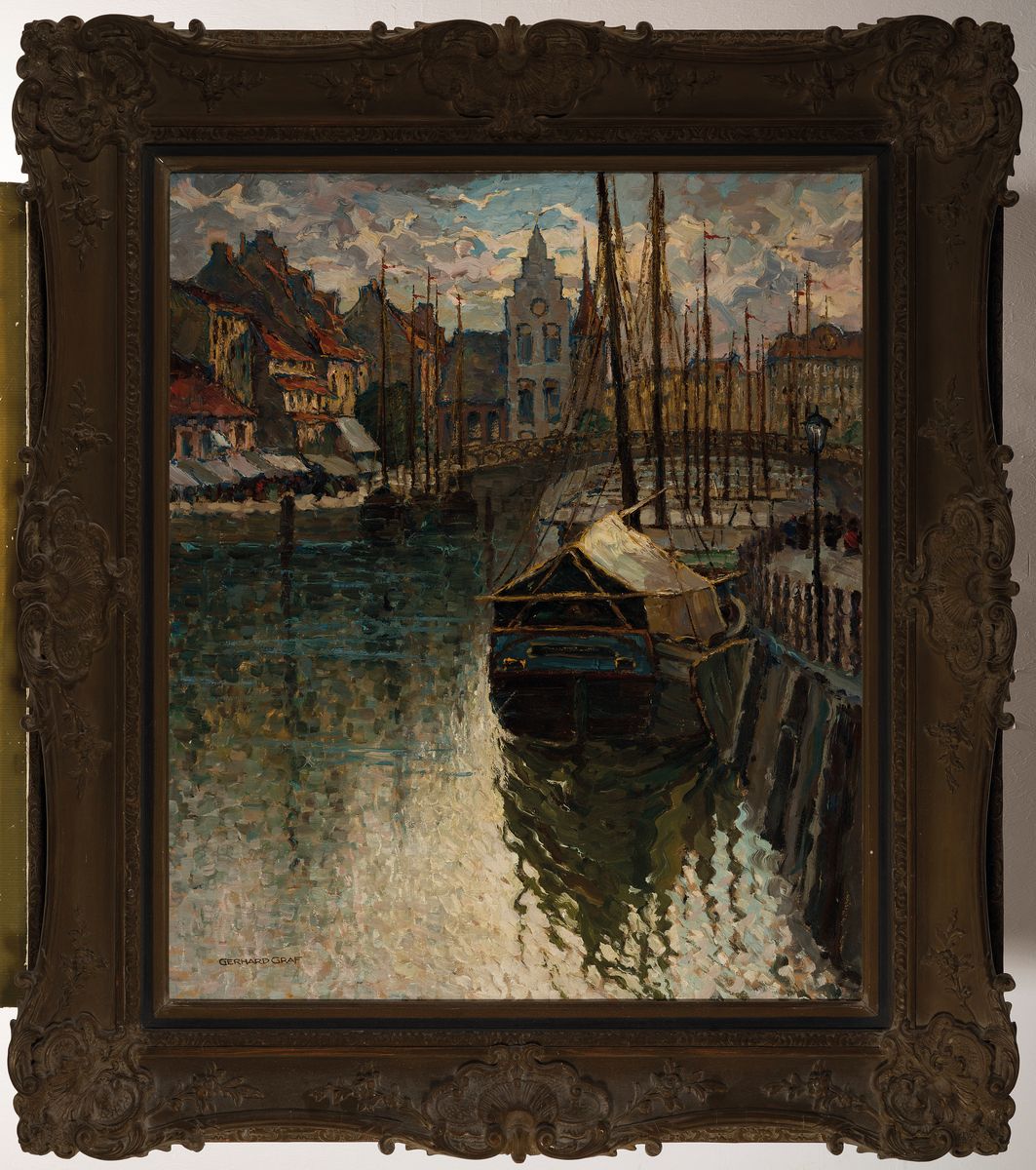 Detail k: Gerhard Graf, 1883-1958 Berlin, Blick in einen Hafen, wohl Königsberg, Öl/Lwd, links unten signiert, mit dem Titel "Der Fischmarkt in ...