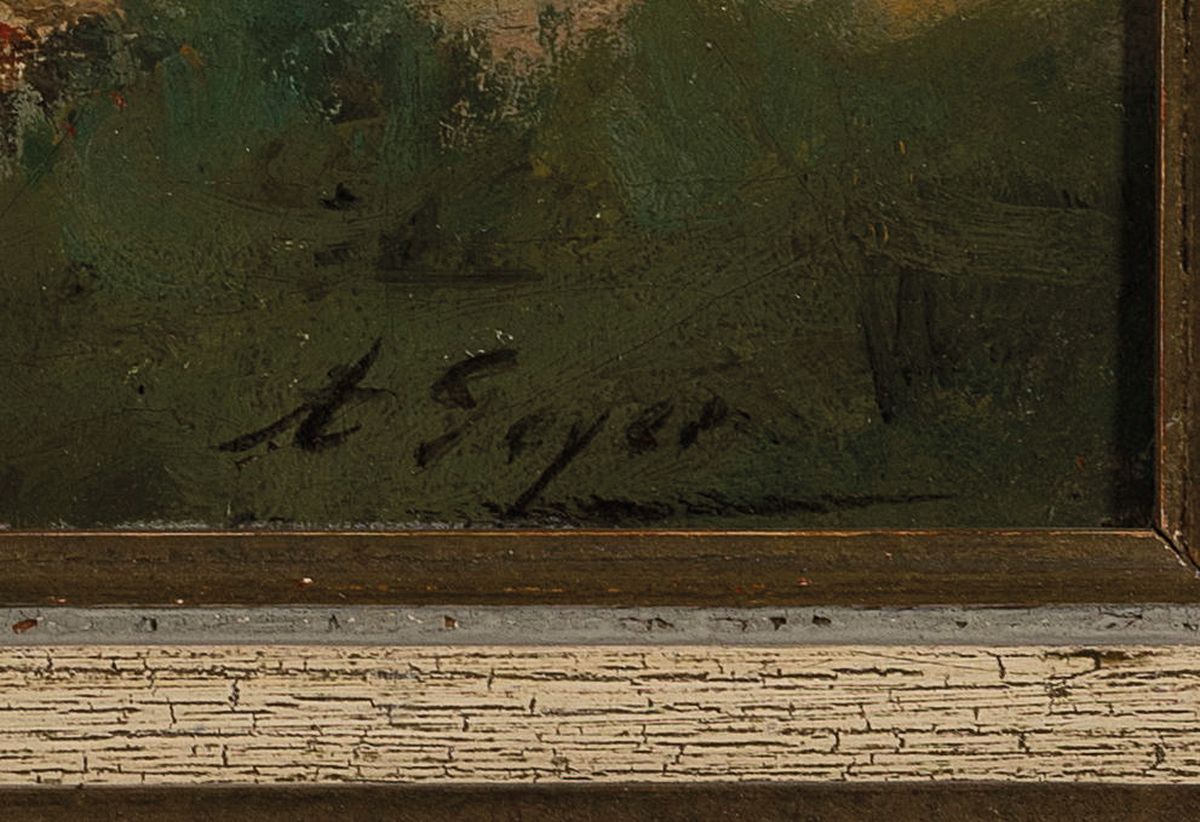Detail a: Alexius Geyer, 1816-1883 Berlin, Personen vor einer Hütte in südlicher Berglandschaft, Öl/Malkarton, rechts unten signiert, ca. 27x39cm, R. ca. ...