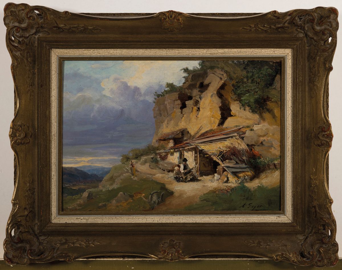 Detail k: Alexius Geyer, 1816-1883 Berlin, Personen vor einer Hütte in südlicher Berglandschaft, Öl/Malkarton, rechts unten signiert, ca. 27x39cm, R. ca. ...