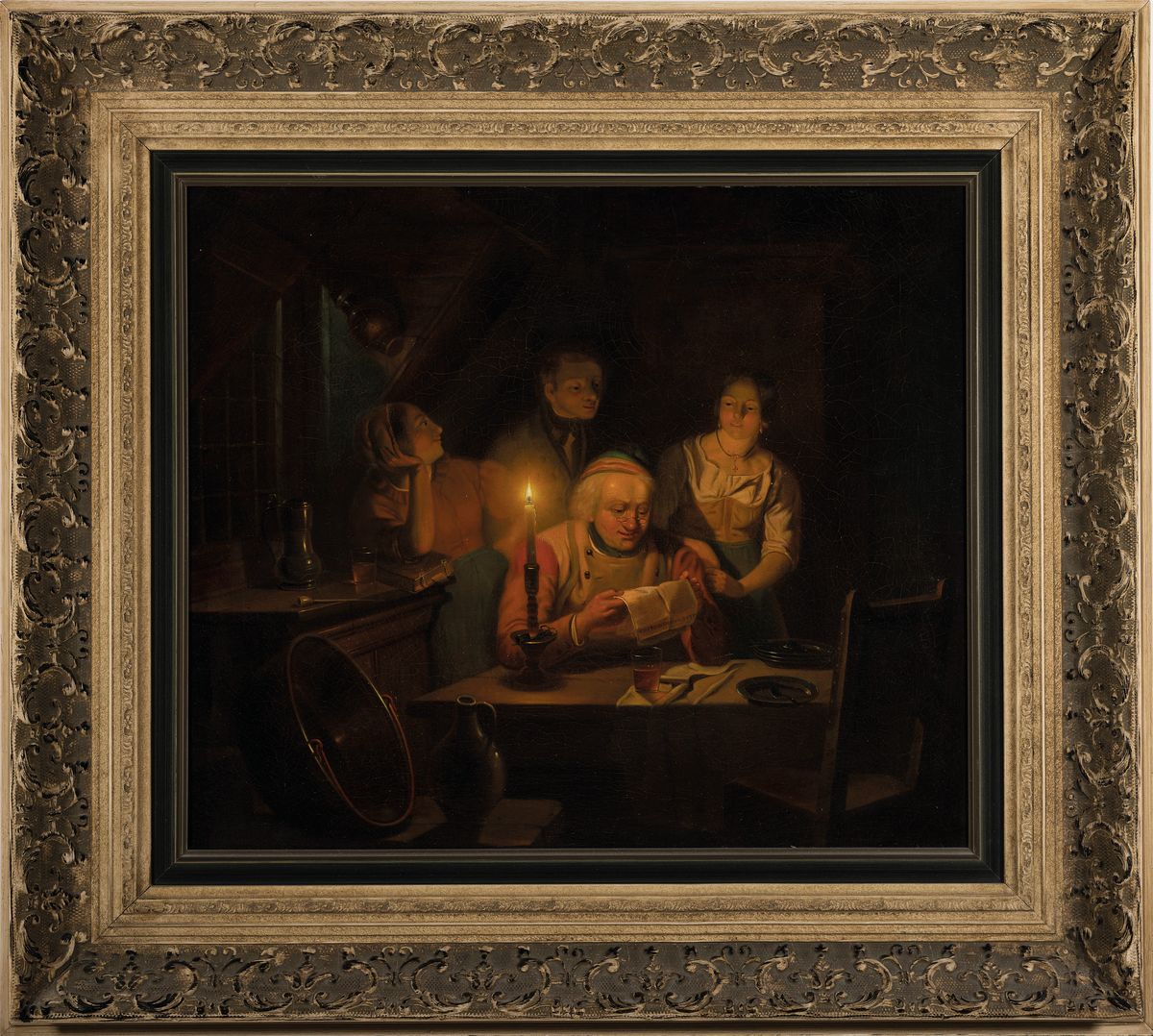 Detail k: Unbekannter Künstler, um 1830-40, Familie am Tisch versammelt bei Kerzenschein, der Vater liest einen Brief vor, Öl/Lwd, doubl., rest., ca. ...