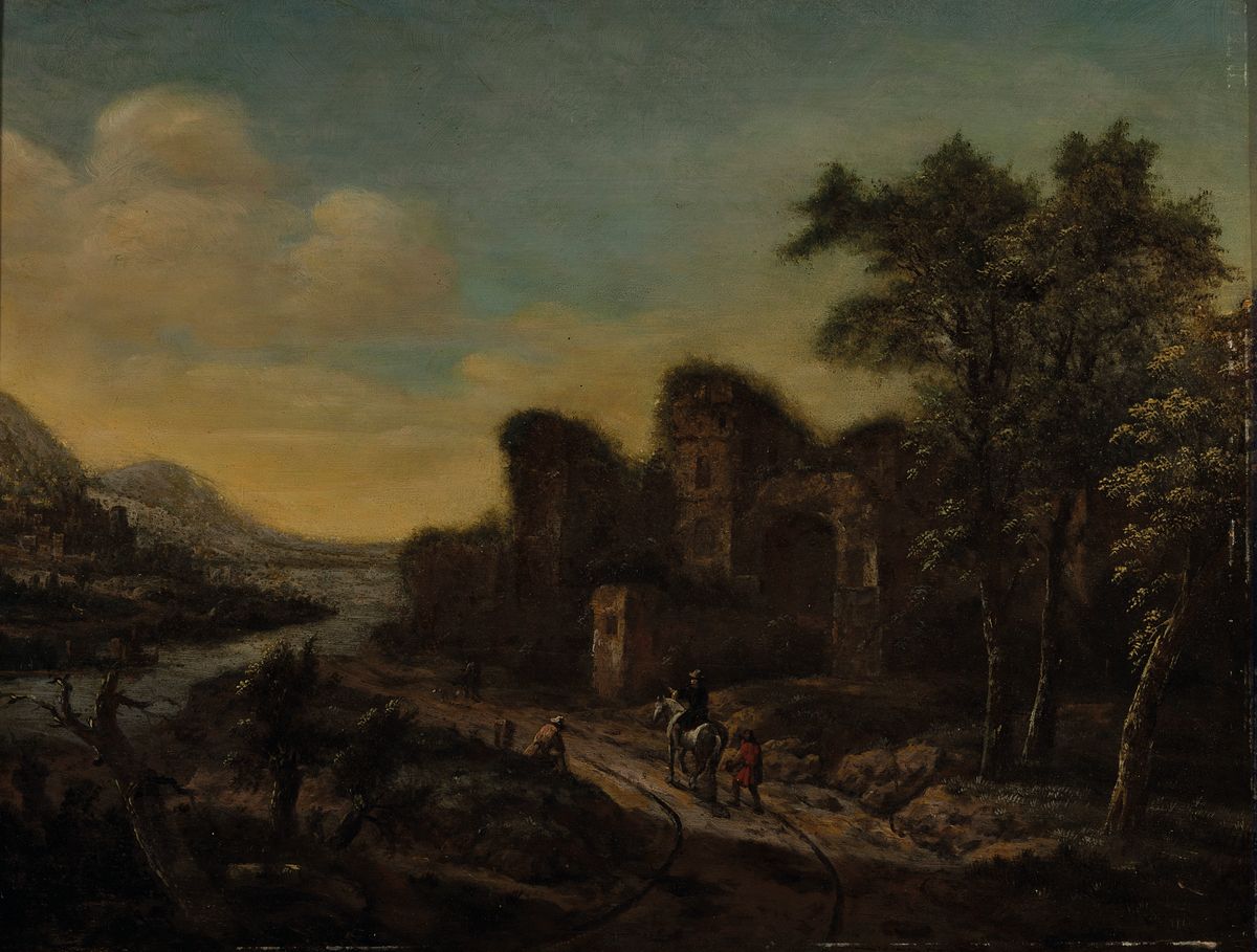 Unbekannter Künstler, deutsch, um 1860, Landschaft mit Ruinen, Reiter und Personen am Wegrand, Öl/Holz, ca. 37x49cm, R. ca. 52x63cm