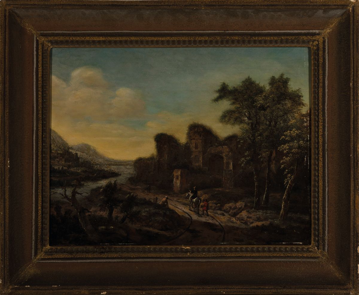 Detail k: Unbekannter Künstler, deutsch, um 1860, Landschaft mit Ruinen, Reiter und Personen am Wegrand, Öl/Holz, ca. 37x49cm, R. ca. 52x63cm