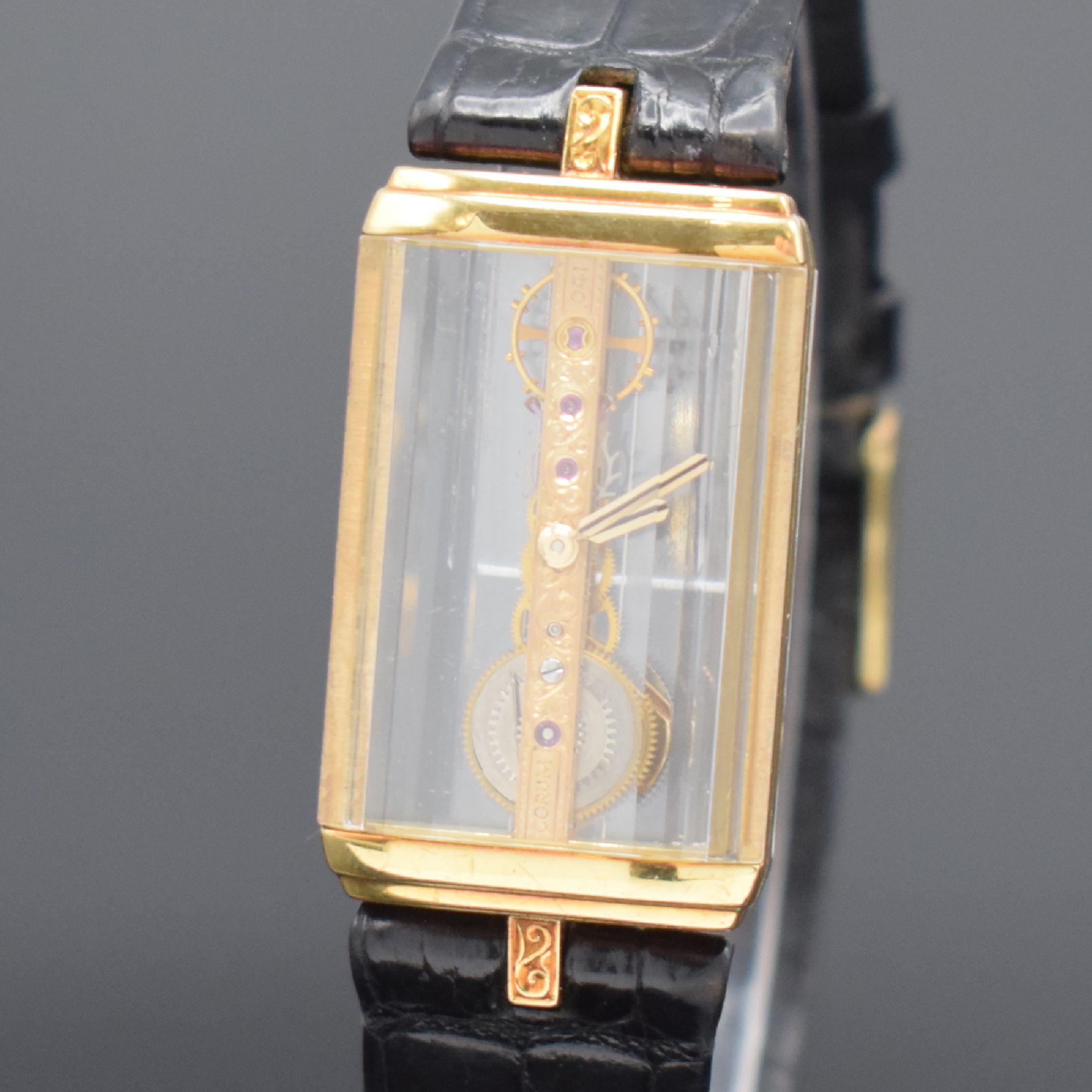 Detail a: CORUM Golden Bridge Armbanduhr in GG 750/000 Referenz 13150, Schweiz um 1990, Handaufzug,orig. Band m. Stiftschl., Boden gegen Geh. 4- fach verschr., ...