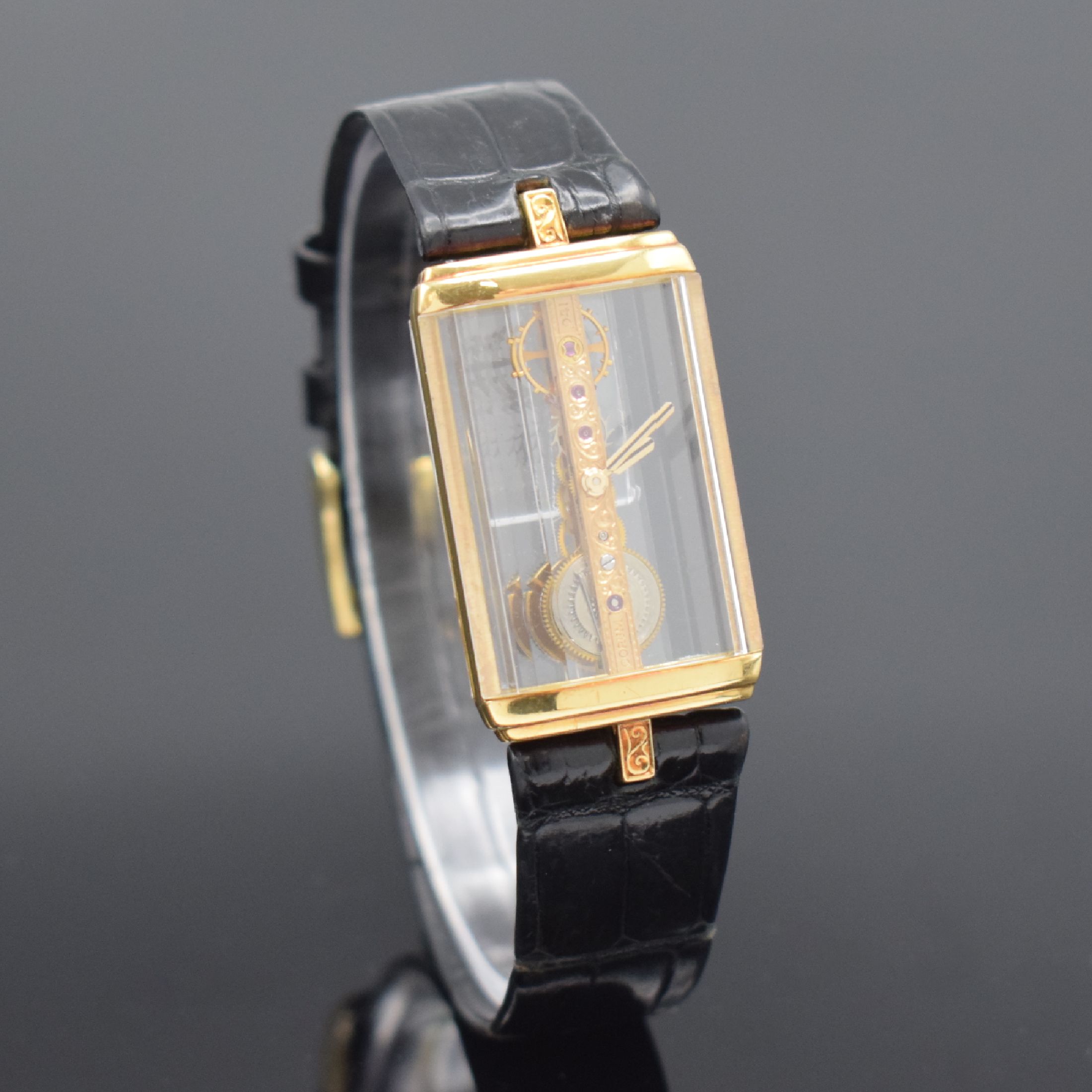 Detail b: CORUM Golden Bridge Armbanduhr in GG 750/000 Referenz 13150, Schweiz um 1990, Handaufzug,orig. Band m. Stiftschl., Boden gegen Geh. 4- fach verschr., ...