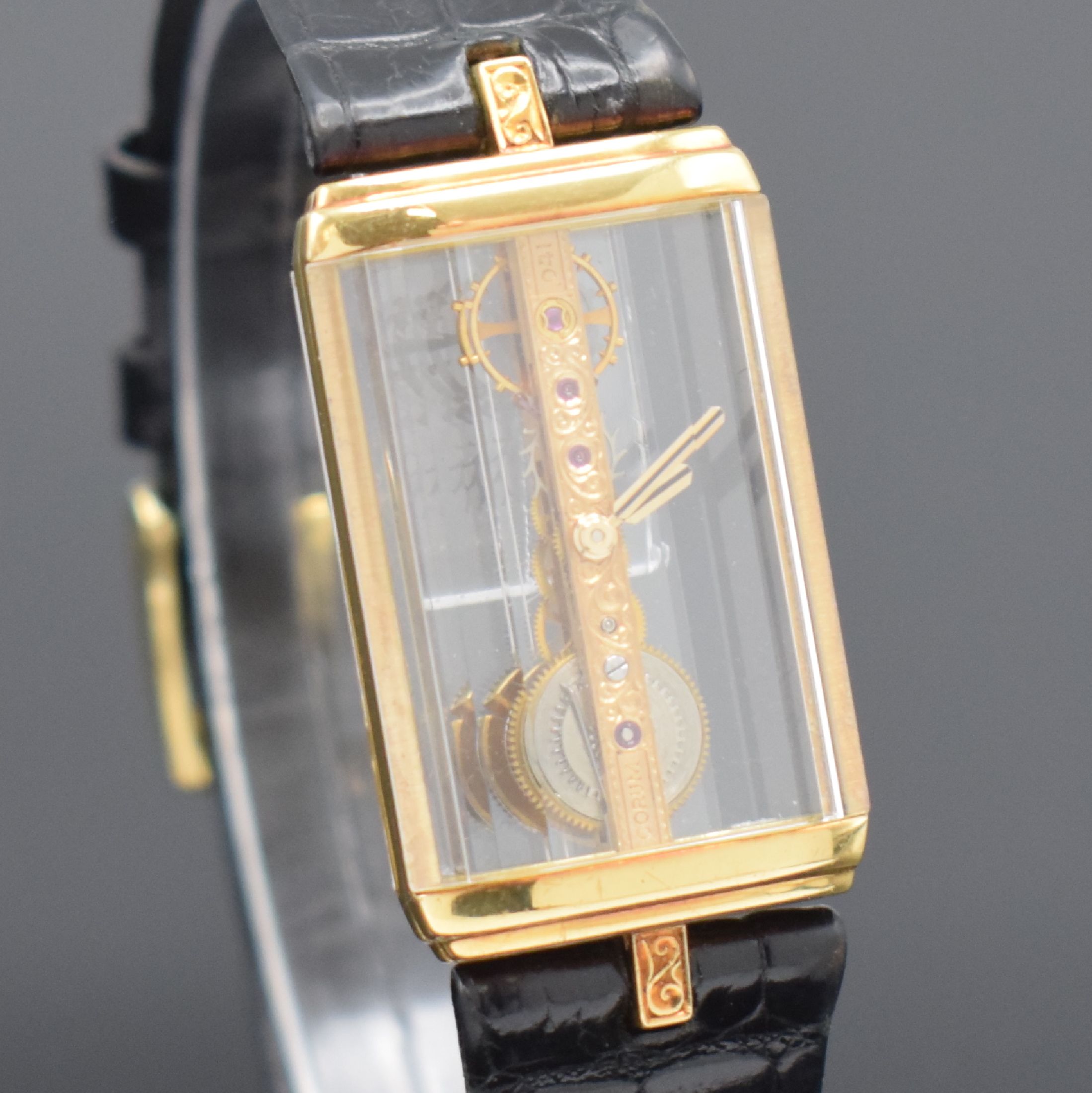 Detail c: CORUM Golden Bridge Armbanduhr in GG 750/000 Referenz 13150, Schweiz um 1990, Handaufzug,orig. Band m. Stiftschl., Boden gegen Geh. 4- fach verschr., ...