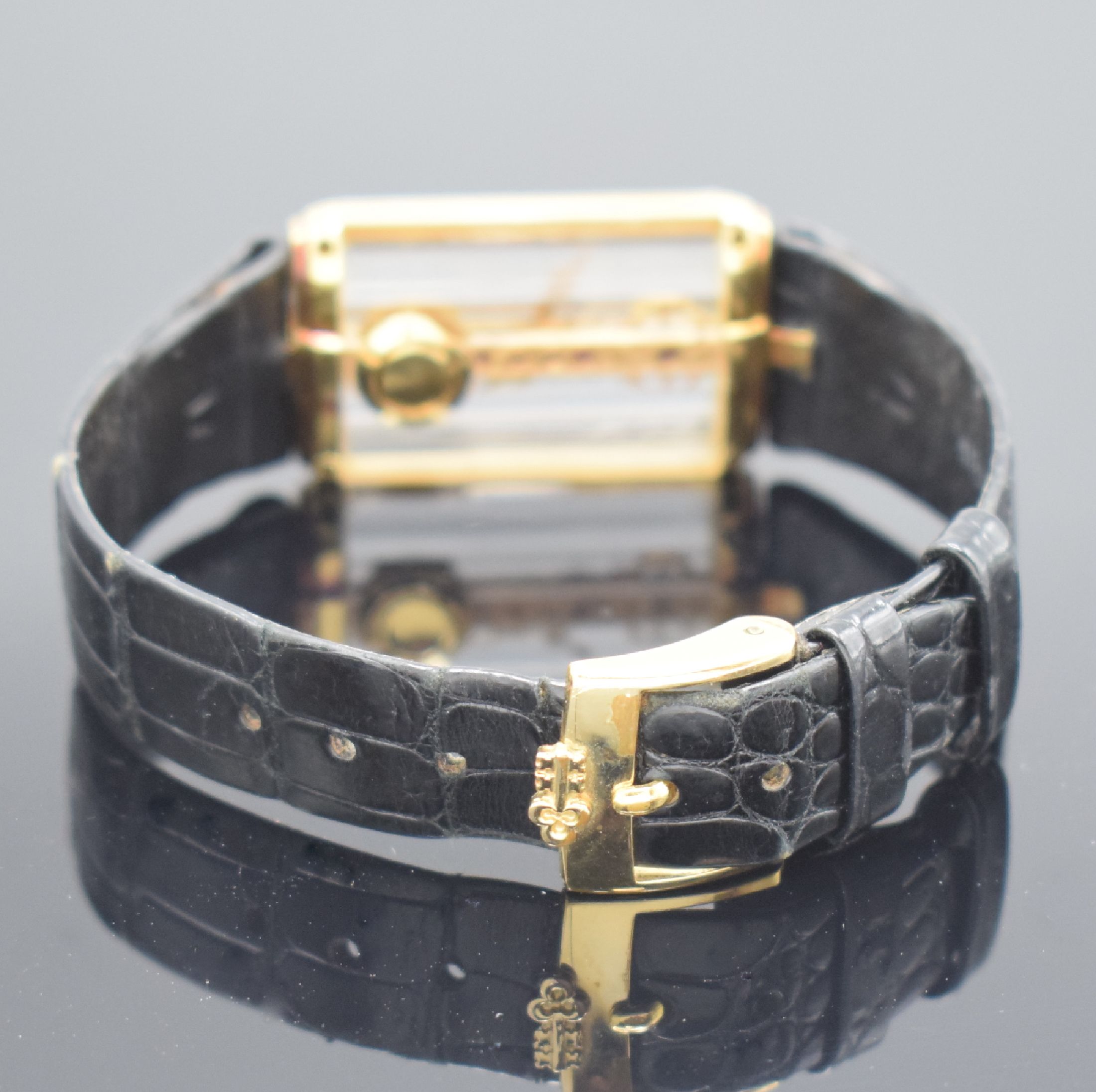 Detail d: CORUM Golden Bridge Armbanduhr in GG 750/000 Referenz 13150, Schweiz um 1990, Handaufzug,orig. Band m. Stiftschl., Boden gegen Geh. 4- fach verschr., ...