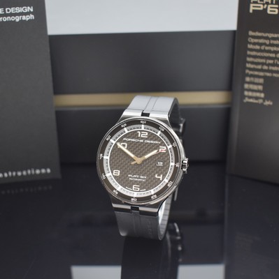 Image PORSCHE DESIGN Flat Six gents wristwatch reference 6350.43, self winding, on both sides glazed stainless steel case PVD-coated, winding crown screwed down, original rubber strap with buckle, black structured dial with Arabic luminous numerals, luminous hands, date at 3, diameter approx. 43 mm, original box & users manual enclosed, condition 2