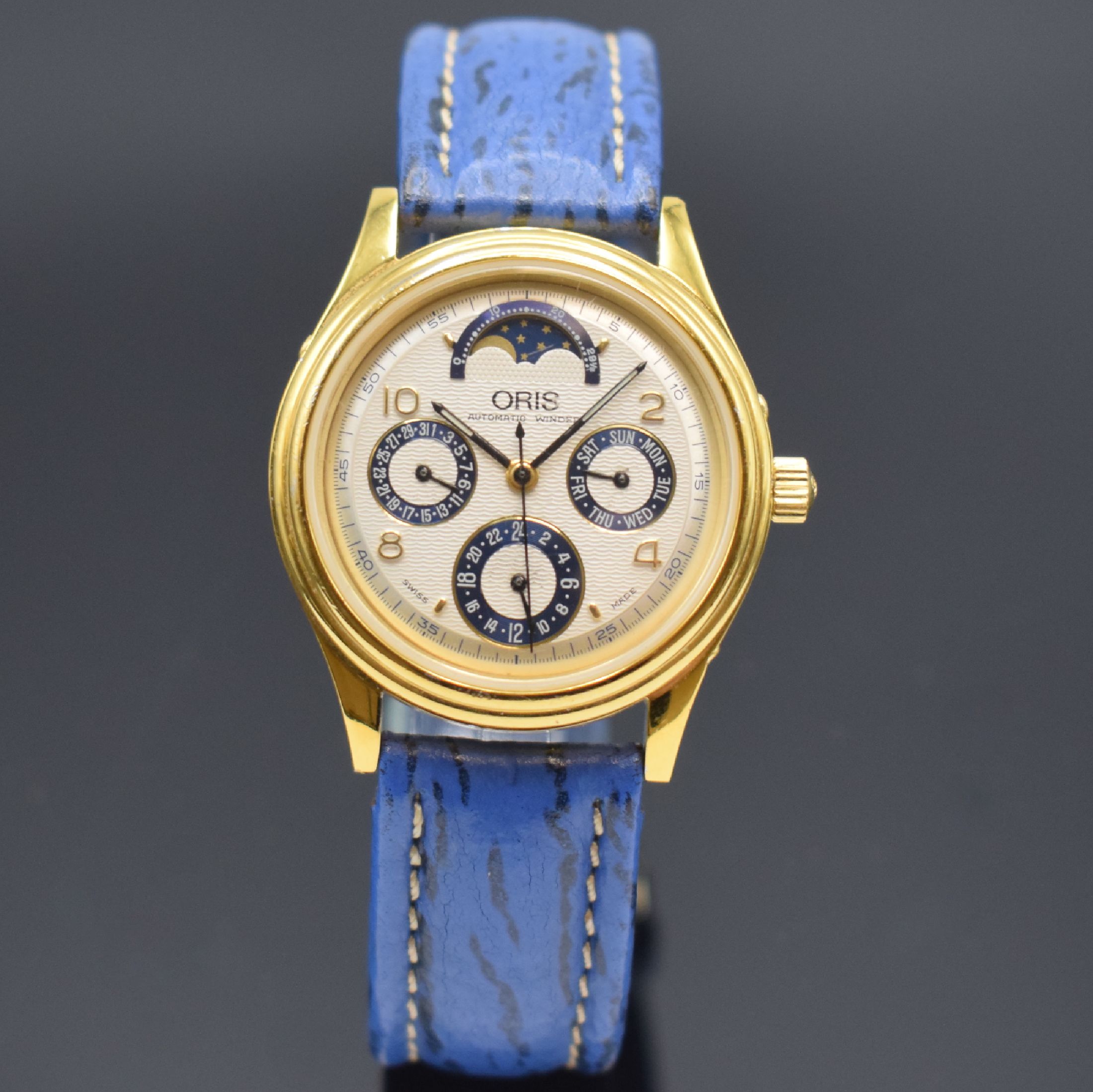 ORIS Herrenarmbanduhr mit Vollkalender und 2. Zeitzone Referenz 7433, Schweiz um 1995, Automatik, verg. Geh. beids. vergl., Boden geschr., silb. ...
