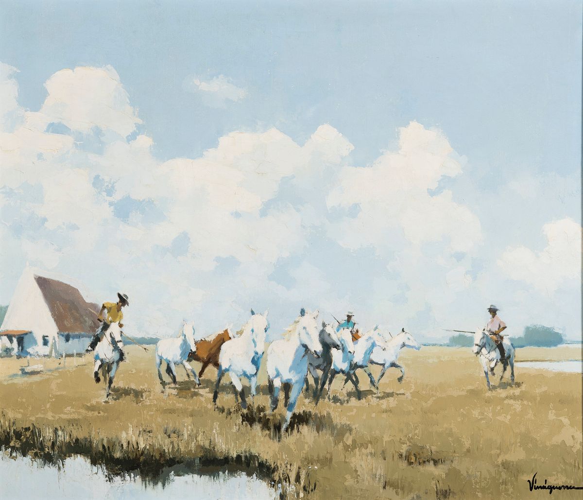 Vinciguerra, wohl Vincenco, 60er Jahre, rückseitig mit Bleistift bezeichnet Vinciguerra Camargue, Reiter mit Wildpferden, Öl/Lwd, li. u. signiert, ...