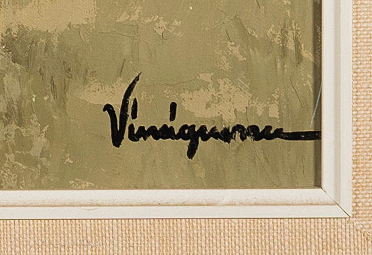 Detail a: Vinciguerra, wohl Vincenco, 60er Jahre, rückseitig mit Bleistift bezeichnet Vinciguerra Camargue, Reiter mit Wildpferden, Öl/Lwd, li. u. signiert, ...
