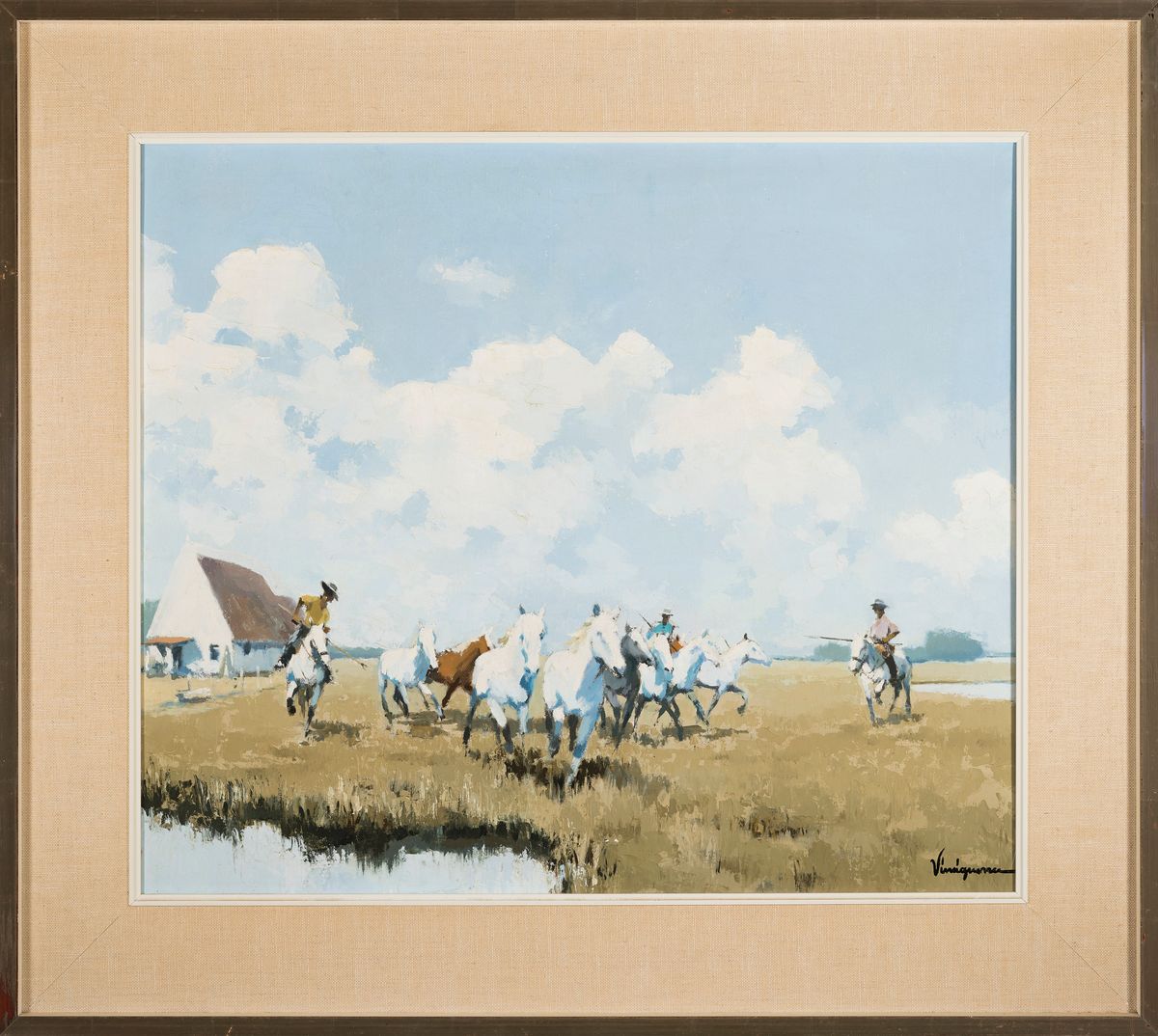 Detail k: Vinciguerra, wohl Vincenco, 60er Jahre, rückseitig mit Bleistift bezeichnet Vinciguerra Camargue, Reiter mit Wildpferden, Öl/Lwd, li. u. signiert, ...