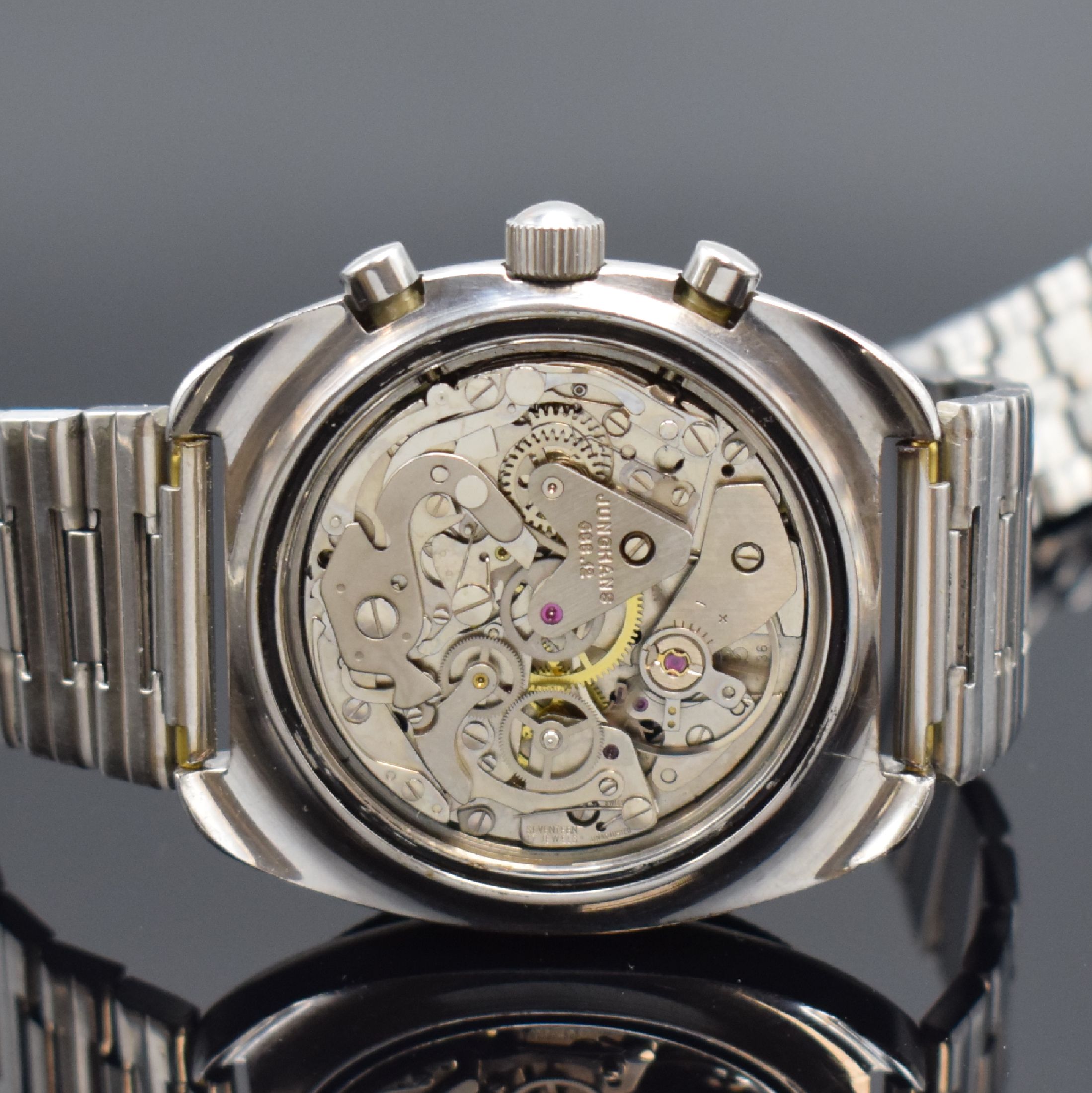 Detail d: JUNGHANS Olympic Herrenarmbanduhr mit Chronograph in Stahl, Schweiz / Deutschland um 1970, Handaufzug, 2-teil. Gehäuse, Boden geschr., unsign. ...