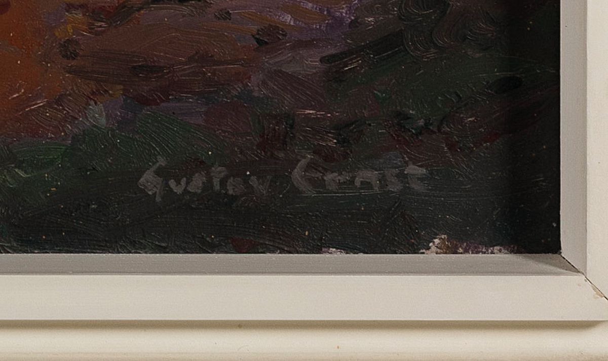 Detail a: Gustav Ernst, 1858 Elsterberg-1945 Bad Dürkheim, Die Burg Champignon !, rückseitig so betitelt, Öl/Malkarton, rechts unten sign.,ca. 48x64cm, R. ...