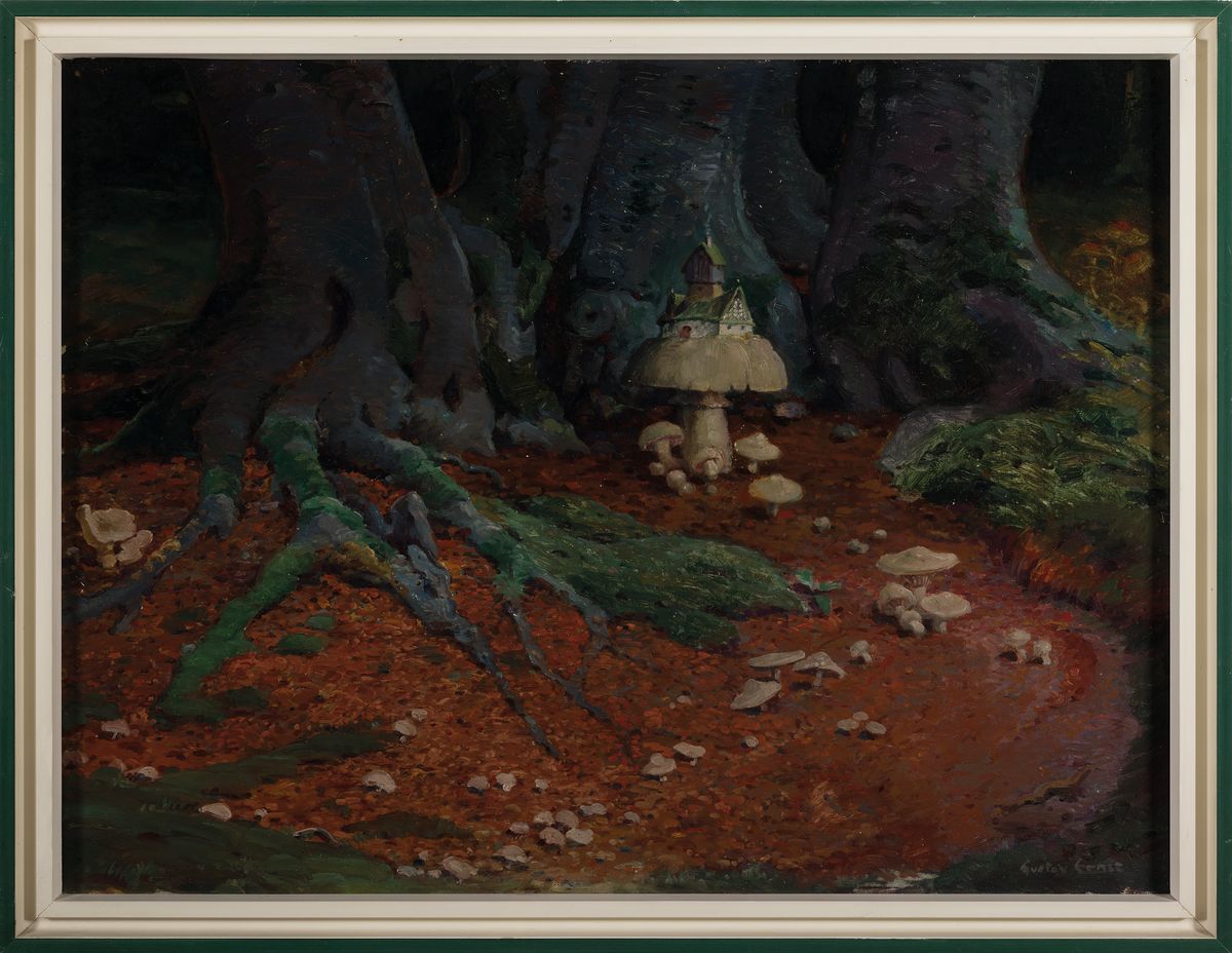 Detail k: Gustav Ernst, 1858 Elsterberg-1945 Bad Dürkheim, Die Burg Champignon !, rückseitig so betitelt, Öl/Malkarton, rechts unten sign.,ca. 48x64cm, R. ...