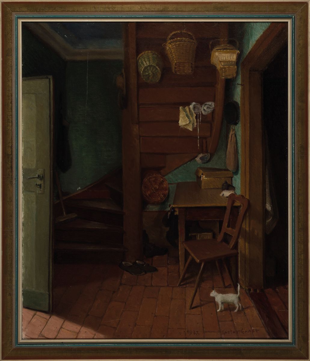 Detail k: Gustav Ernst, 1858 Elsterberg-1945 Bad Dürkheim, Interieur unter der Treppe, Öl/Lwd, rechts unten sign., ca. 70x58cm, R. ca. 77x67cm