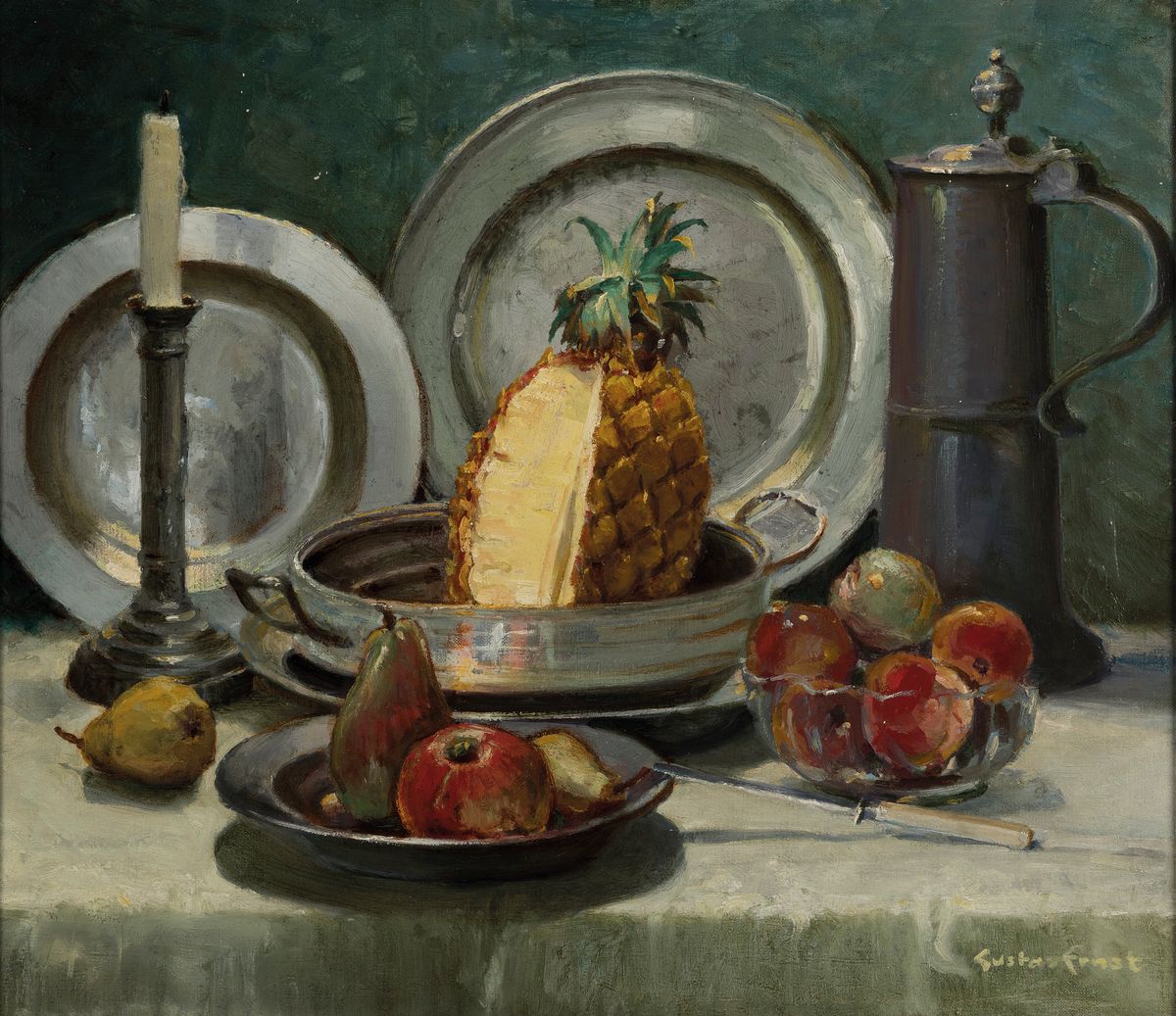 Gustav Ernst, 1858 Elsterberg-1945 Bad Dürkheim, Stillleben mit Ananas, Äpfeln und Zinngeschirr, Öl/Lwd, rechts unten sign., ca. 50x59cm, R. ca. ...