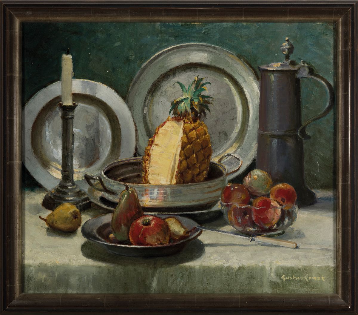 Detail k: Gustav Ernst, 1858 Elsterberg-1945 Bad Dürkheim, Stillleben mit Ananas, Äpfeln und Zinngeschirr, Öl/Lwd, rechts unten sign., ca. 50x59cm, R. ca. ...