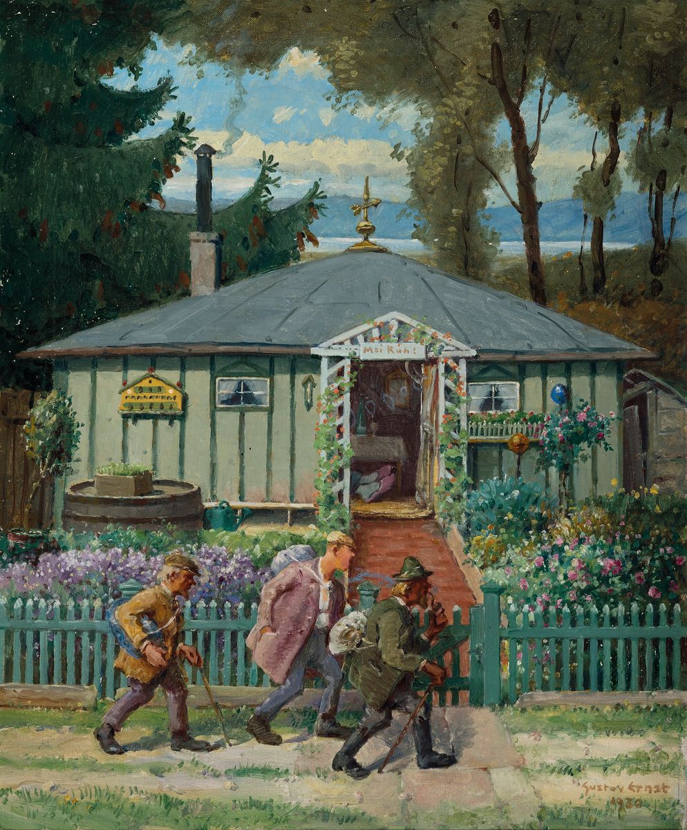 Gustav Ernst, 1858 Elsterberg-1945 Bad Dürkheim, Drei Vagabunden vor einer Gartenlaube, im Hintergrund ein See, Öl/Lwd, rechts unten sign. und dat. ...