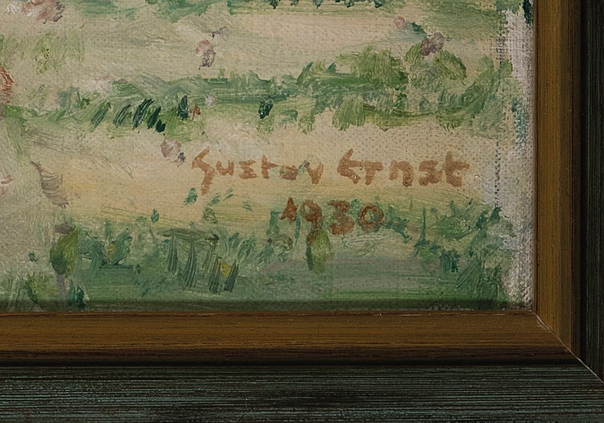 Detail a: Gustav Ernst, 1858 Elsterberg-1945 Bad Dürkheim, Drei Vagabunden vor einer Gartenlaube, im Hintergrund ein See, Öl/Lwd, rechts unten sign. und dat. ...