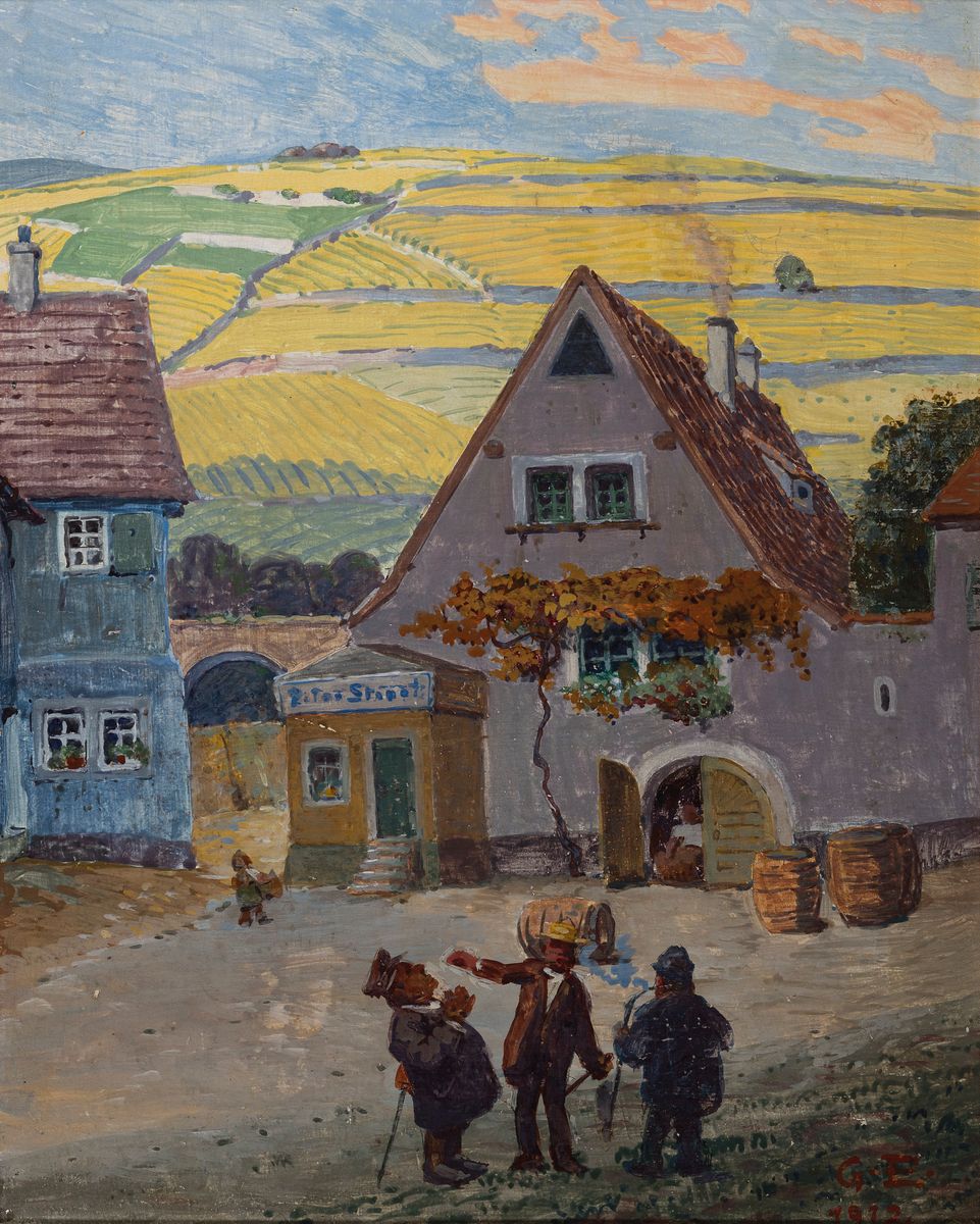 Gustav Ernst, 1858 Elsterberg-1945 Bad Dürkheim, Drei Männer vor einem Weingut, Öl/Malkarton, rechts unten monogr. G.E. 1912, 30x25cm, R. ca. ...
