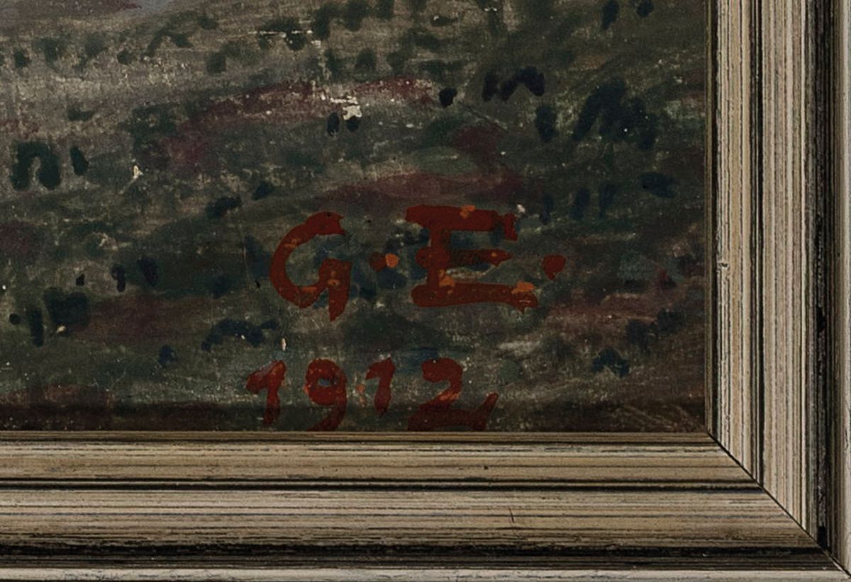 Detail a: Gustav Ernst, 1858 Elsterberg-1945 Bad Dürkheim, Drei Männer vor einem Weingut, Öl/Malkarton, rechts unten monogr. G.E. 1912, 30x25cm, R. ca. ...