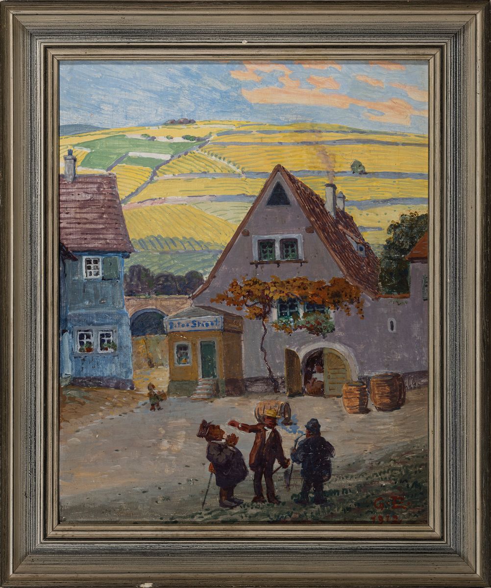 Detail k: Gustav Ernst, 1858 Elsterberg-1945 Bad Dürkheim, Drei Männer vor einem Weingut, Öl/Malkarton, rechts unten monogr. G.E. 1912, 30x25cm, R. ca. ...