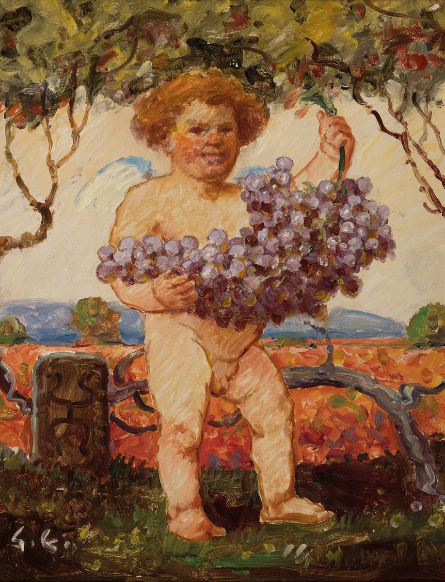 Gustav Ernst, 1858 Elsterberg-1945 Bad Dürkheim, Traubenbüberl, Öl/Holz, links unten monogr. G.E., rückseitig bezeichnet: Traubenbüberl, gemalt ...