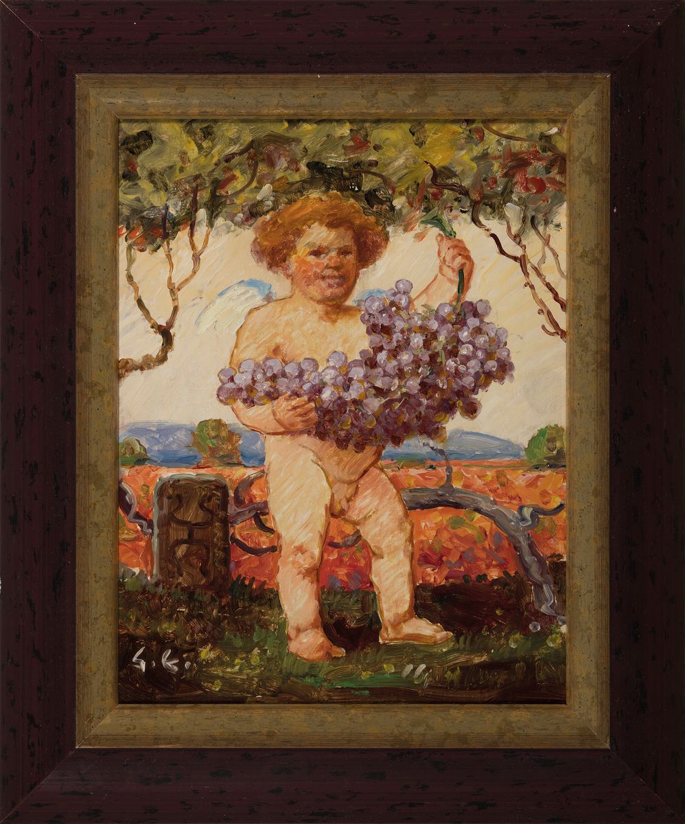 Detail k: Gustav Ernst, 1858 Elsterberg-1945 Bad Dürkheim, Traubenbüberl, Öl/Holz, links unten monogr. G.E., rückseitig bezeichnet: Traubenbüberl, gemalt ...
