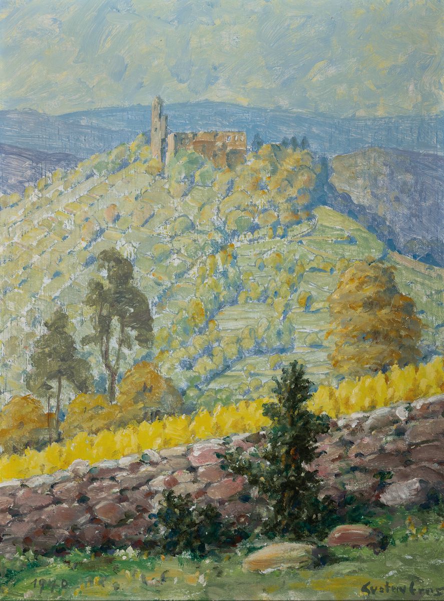 Gustav Ernst, 1858 Elsterberg-1945 Bad Dürkheim, Blick auf eine Burg, Öl/Malkarton, rchts unten signiert, ca. 49x36cm, R. ca. 53x41cm