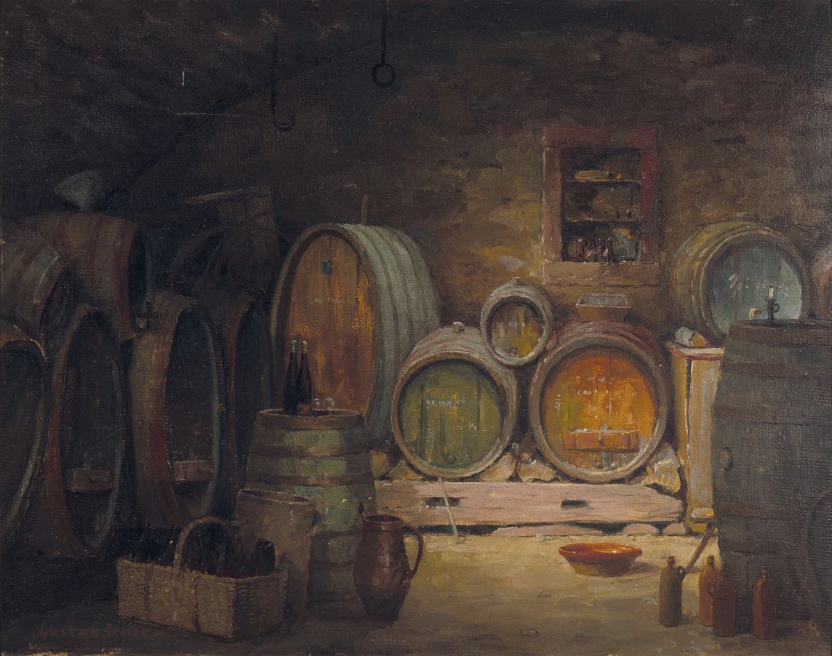 Gustav Ernst, 1858 Elsterberg-1945 Bad Dürkheim, Interieur, im Weinkeller, Öl/Malkarton, links unten sign., ca. 45x57cm, R. ca. 54x65cm