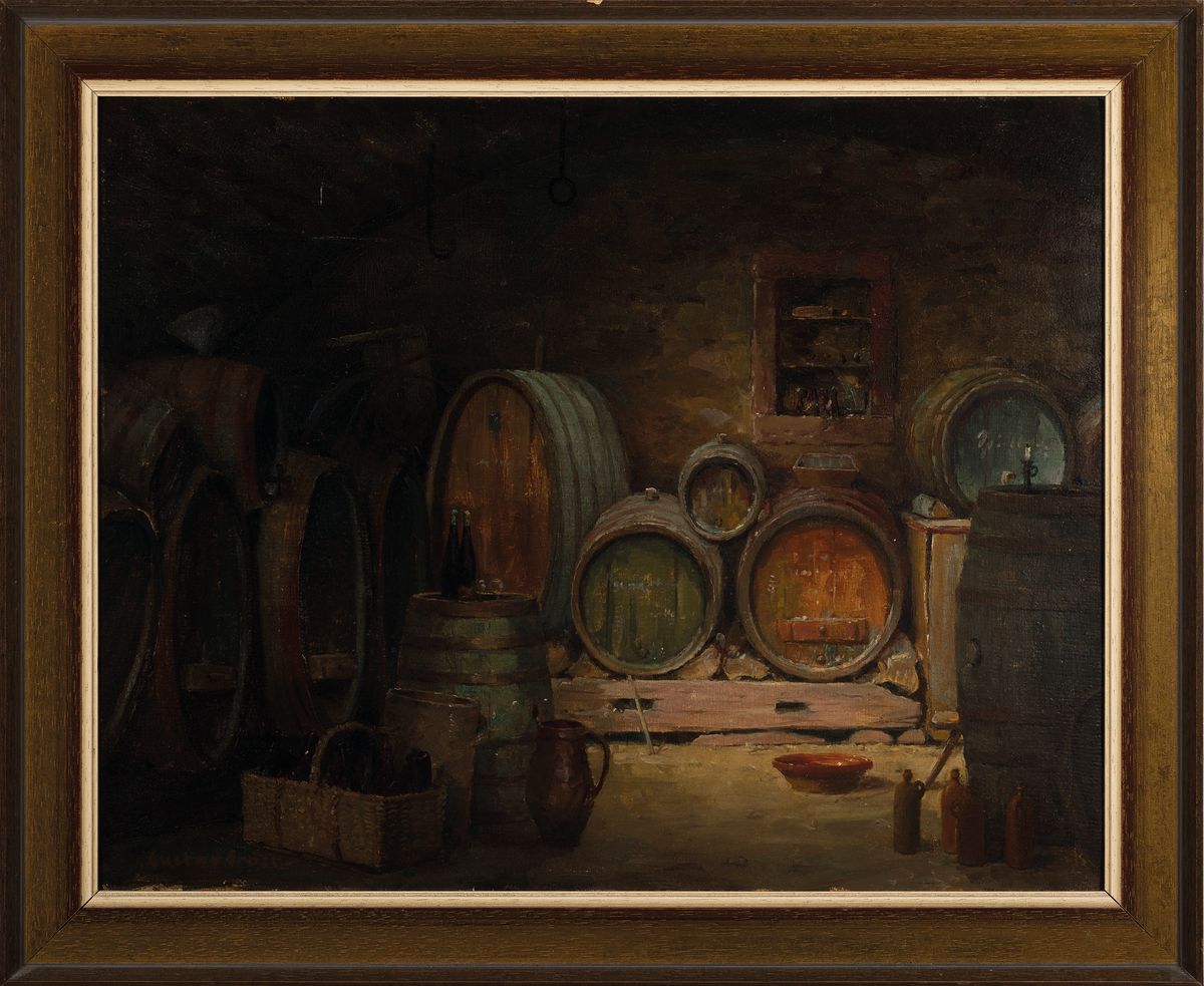 Detail k: Gustav Ernst, 1858 Elsterberg-1945 Bad Dürkheim, Interieur, im Weinkeller, Öl/Malkarton, links unten sign., ca. 45x57cm, R. ca. 54x65cm
