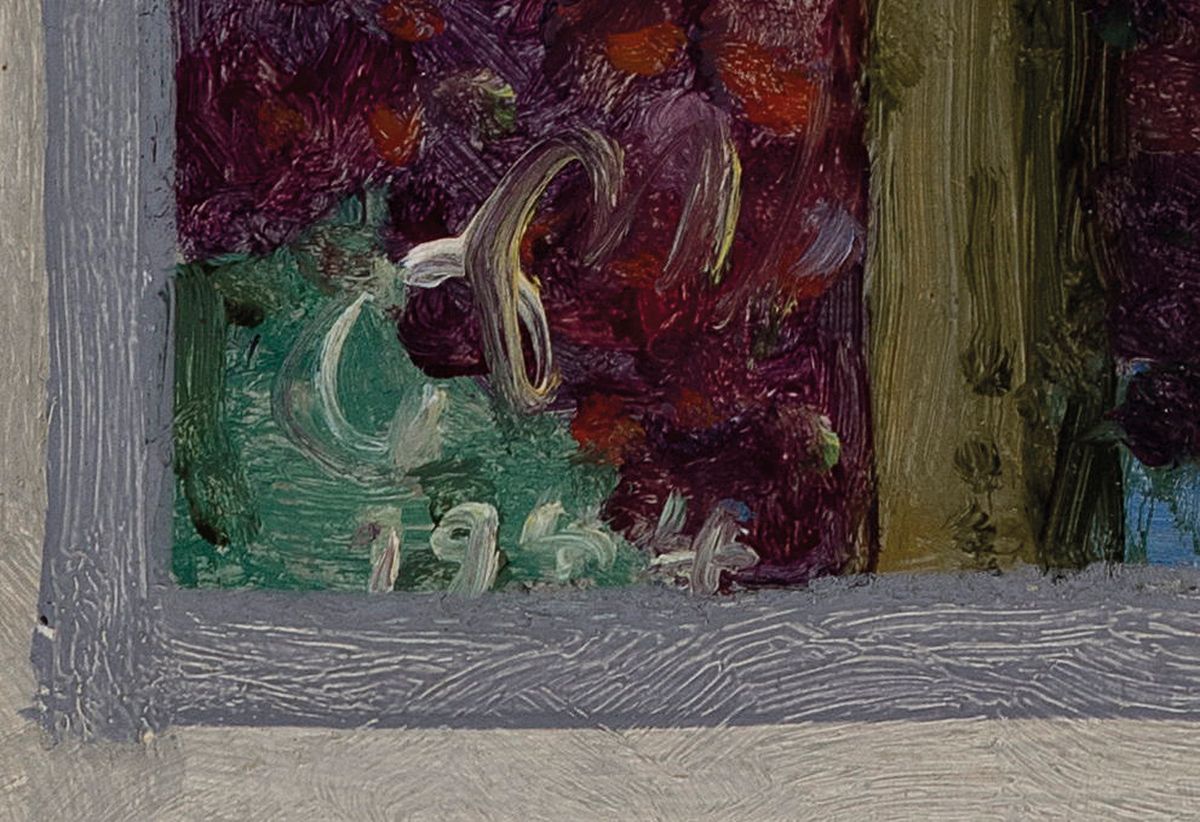 Detail a: Gustav Ernst, 1858 Elsterberg-1945 Bad Dürkheim, Winzer in den Reben, Öl/Malkarton, links unten monogr. und dat. 1944, ca. 37x36 cm, R. ca. 42x41cm