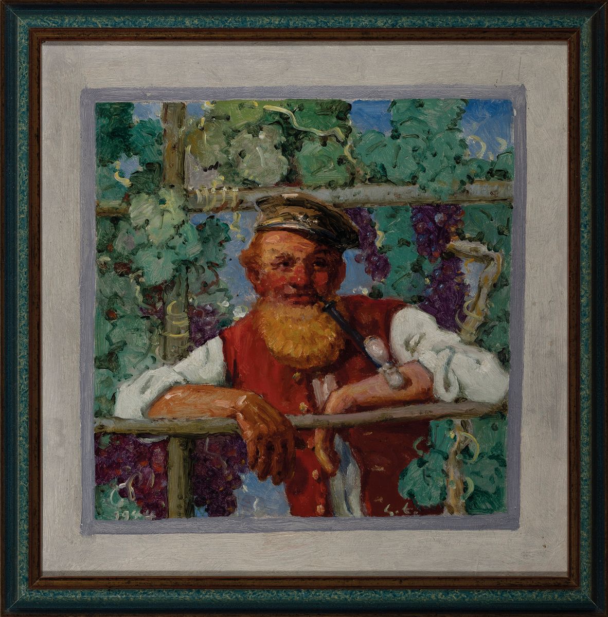 Detail k: Gustav Ernst, 1858 Elsterberg-1945 Bad Dürkheim, Winzer in den Reben, Öl/Malkarton, links unten monogr. und dat. 1944, ca. 37x36 cm, R. ca. 42x41cm
