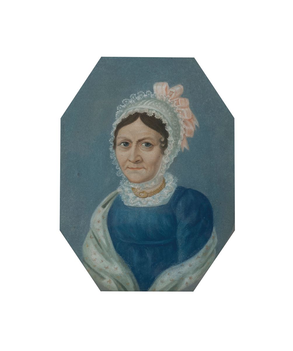 Unbekannter Künstler des Biedermeier, deutsch,um 1830-40, Porträt einer Frau im blauen Kleid mit Spitzenhaube, Pastell auf Papier, 8-eckiger ...