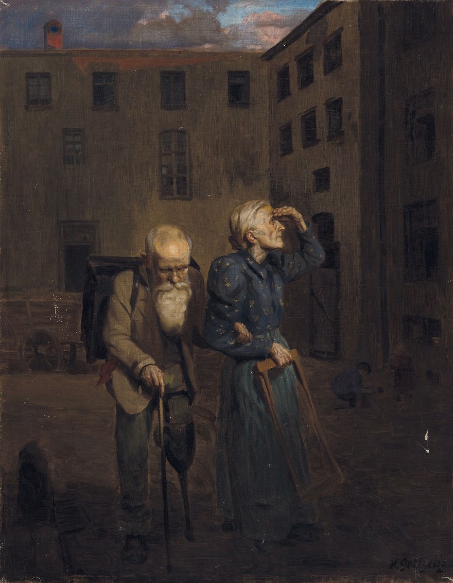 Heinrich Gottselig, 1884 Oswiecim-1935 Frankfurt am Main, Altes Paar in einem Hinterhof, in den Himmel blickend, Öl/Lwd, mit einigen ...