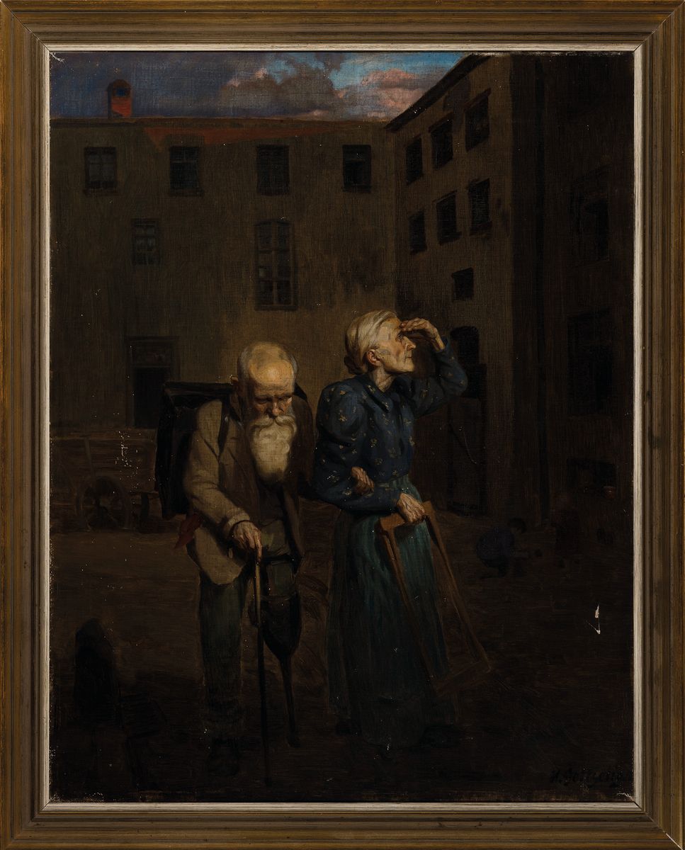 Detail k: Heinrich Gottselig, 1884 Oswiecim-1935 Frankfurt am Main, Altes Paar in einem Hinterhof, in den Himmel blickend, Öl/Lwd, mit einigen ...